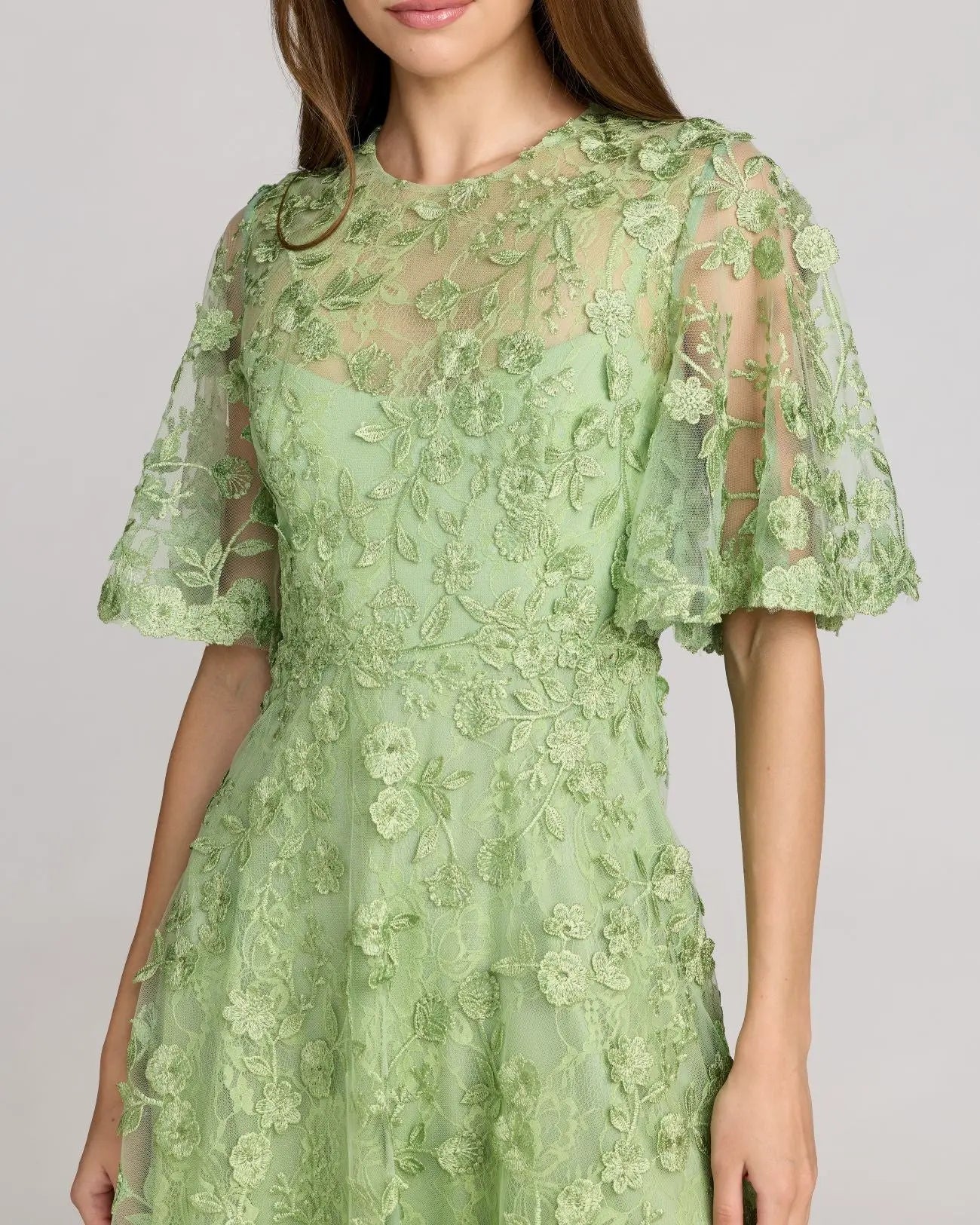 Green Flutter Sleeve Embroidered Midi Dress | Mac Duggal Green Flutter Sleeve Embroidered Midi Dress | Mac Duggal