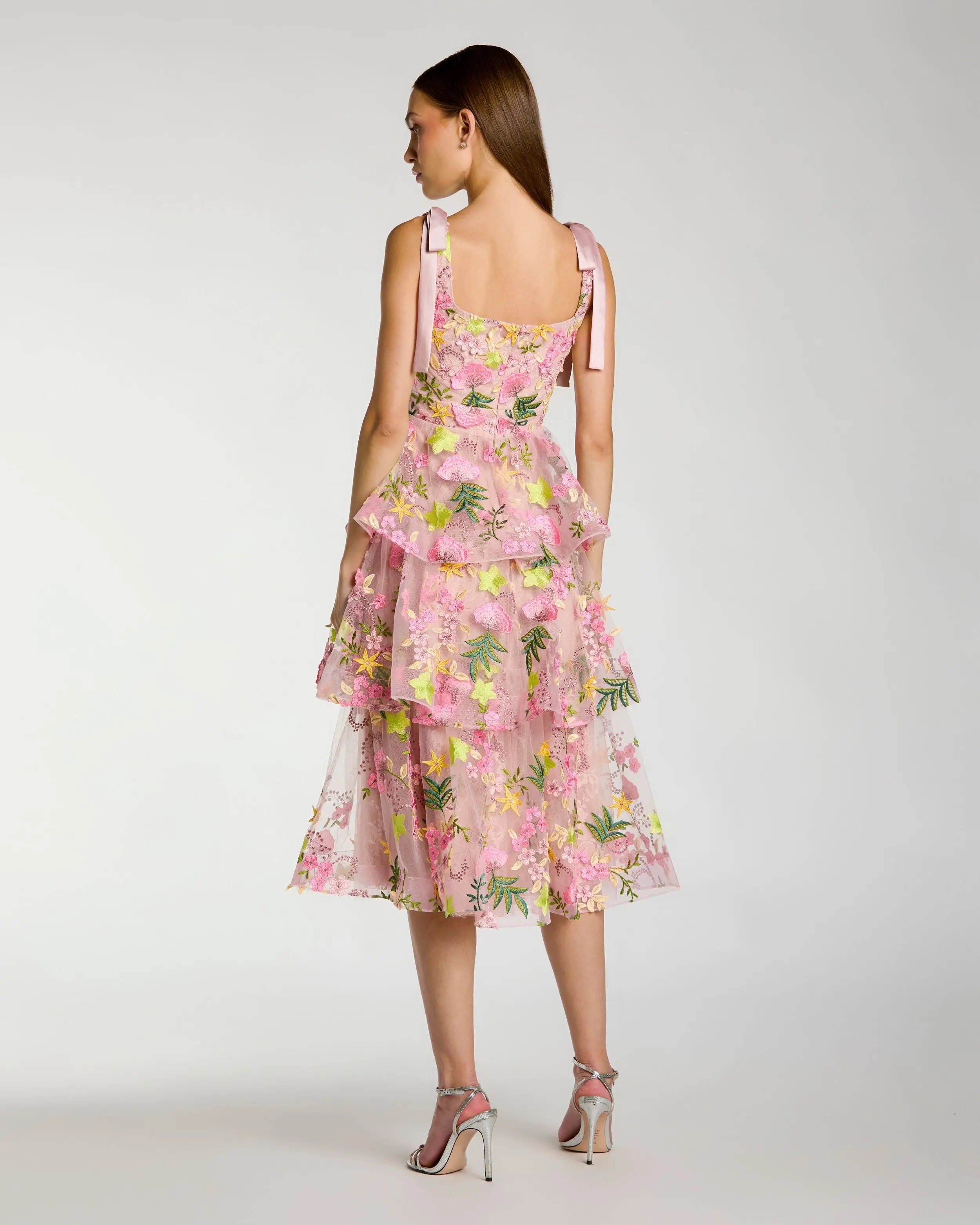 Pink Floral Embroidered Tiered Midi Dress Ieena for Mac Duggal