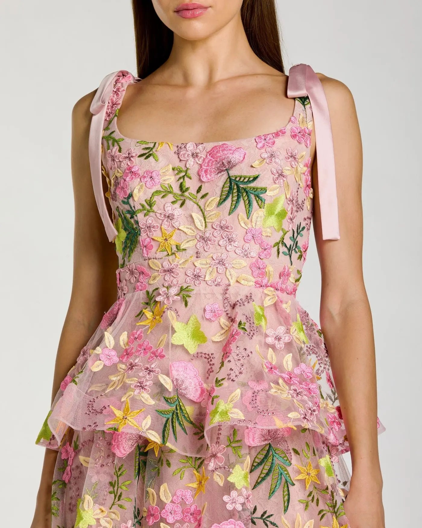 Pink Floral Embroidered Tiered Midi Dress Ieena for Mac Duggal