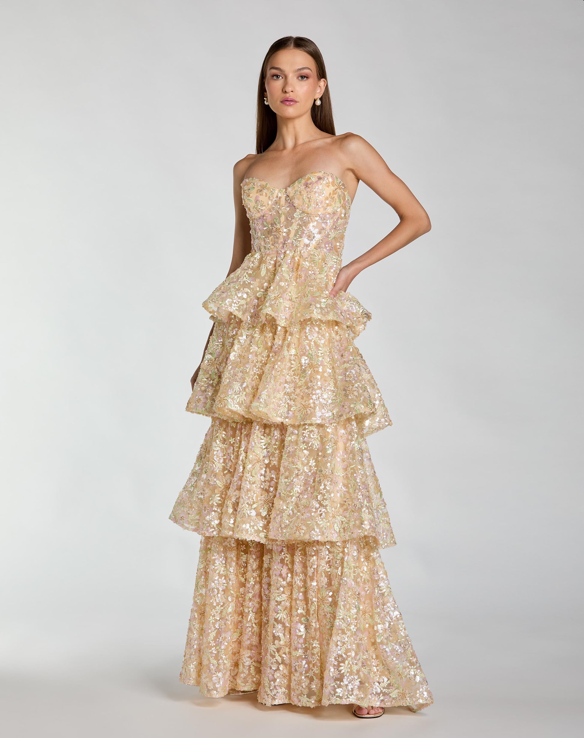 Gold Embellished Strapless Sweetheart Ruffle Gown Mac Duggal