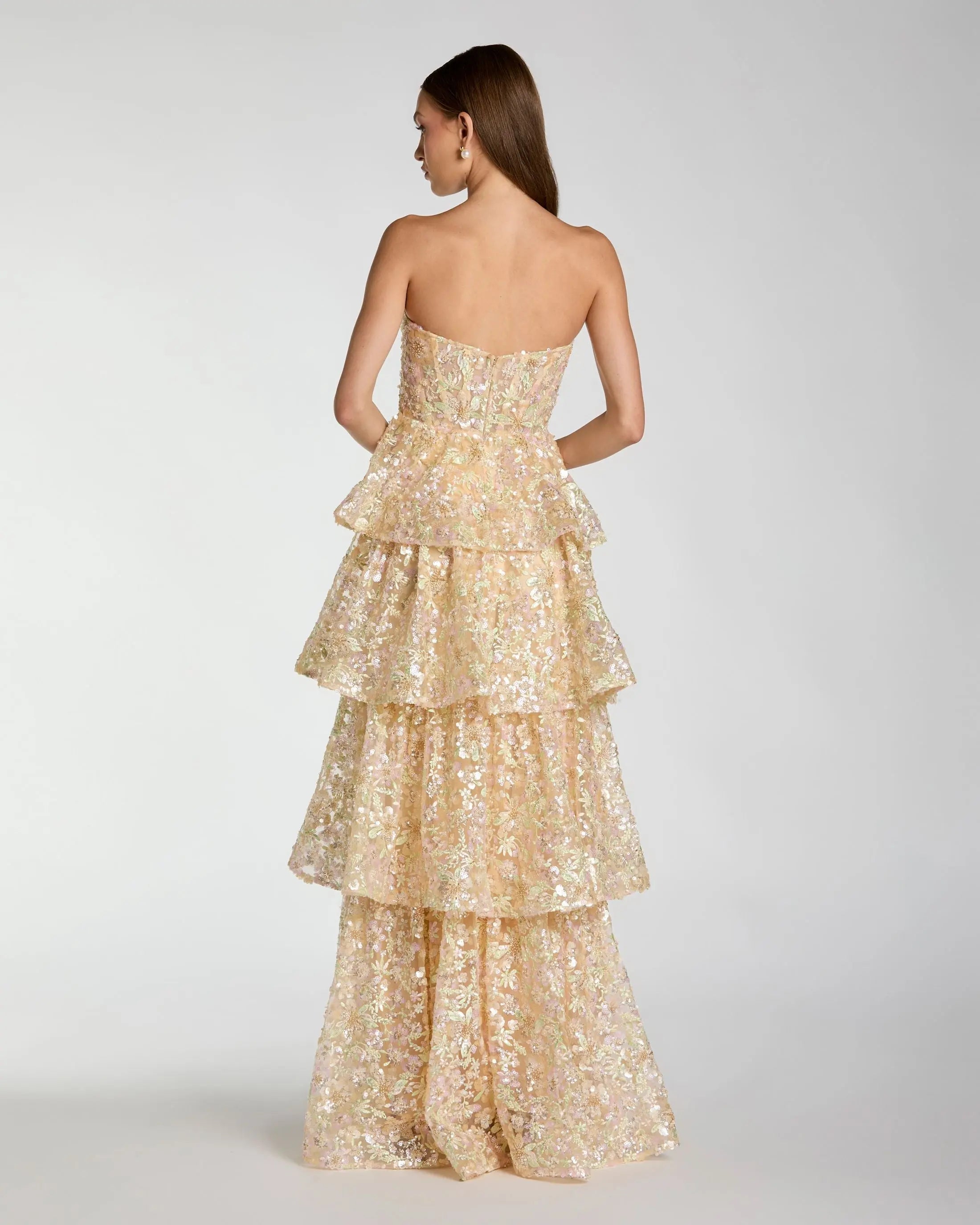 Light Gold Embellished Strapless Sweetheart Ruffle Gown | Mac Duggal Light Gold Embellished Strapless Sweetheart Ruffle Gown | Mac Duggal