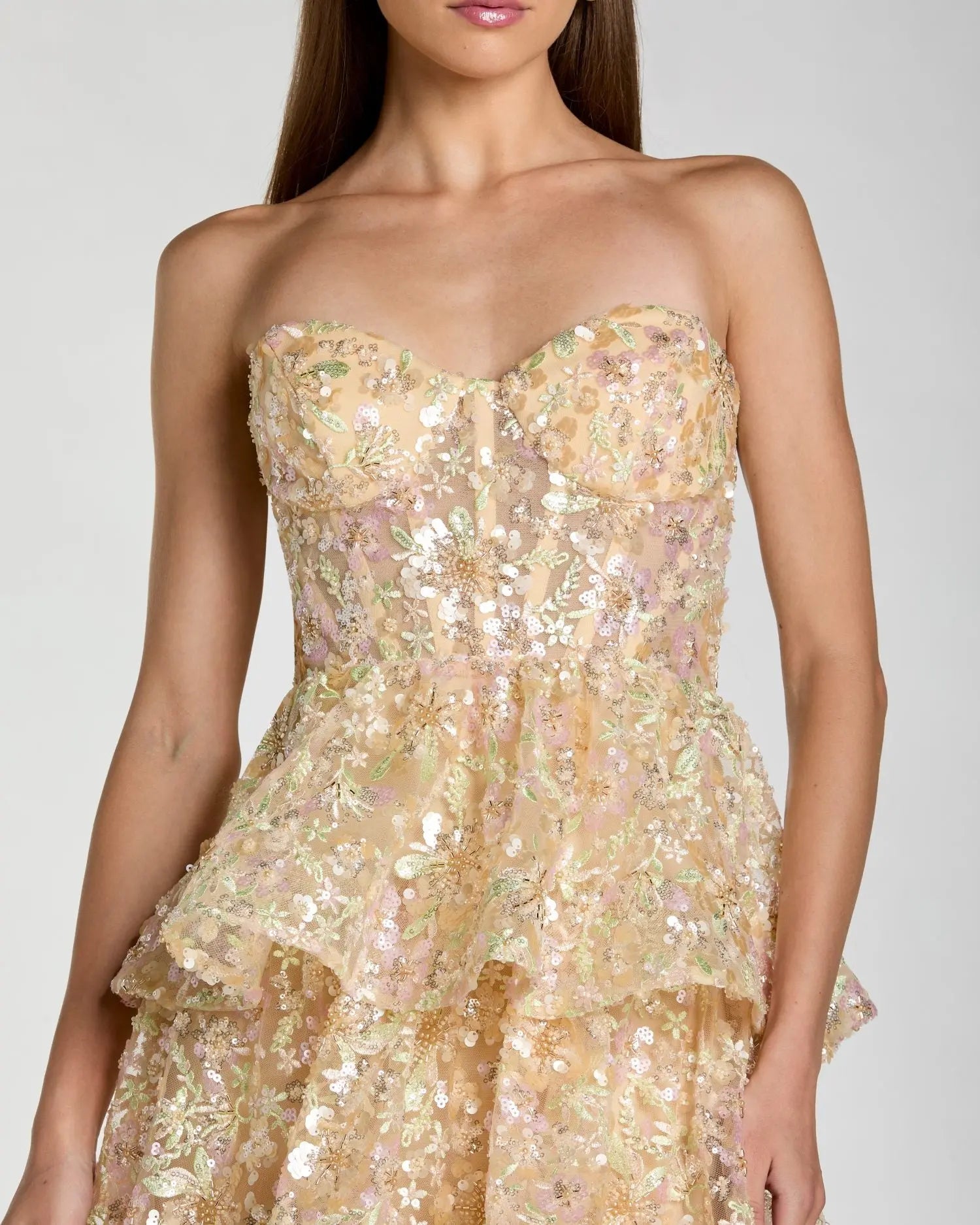 Mac Duggal Embellished Strapless Sweetheart Ruffle Gown - Nude Multi Mac Duggal Embellished Strapless Sweetheart Ruffle Gown - Nude Multi