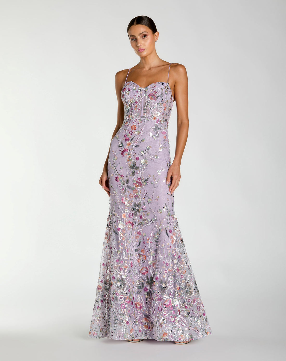Purple Spaghetti Strap Floral Embroidered Trumpet Gown - Mac Duggal