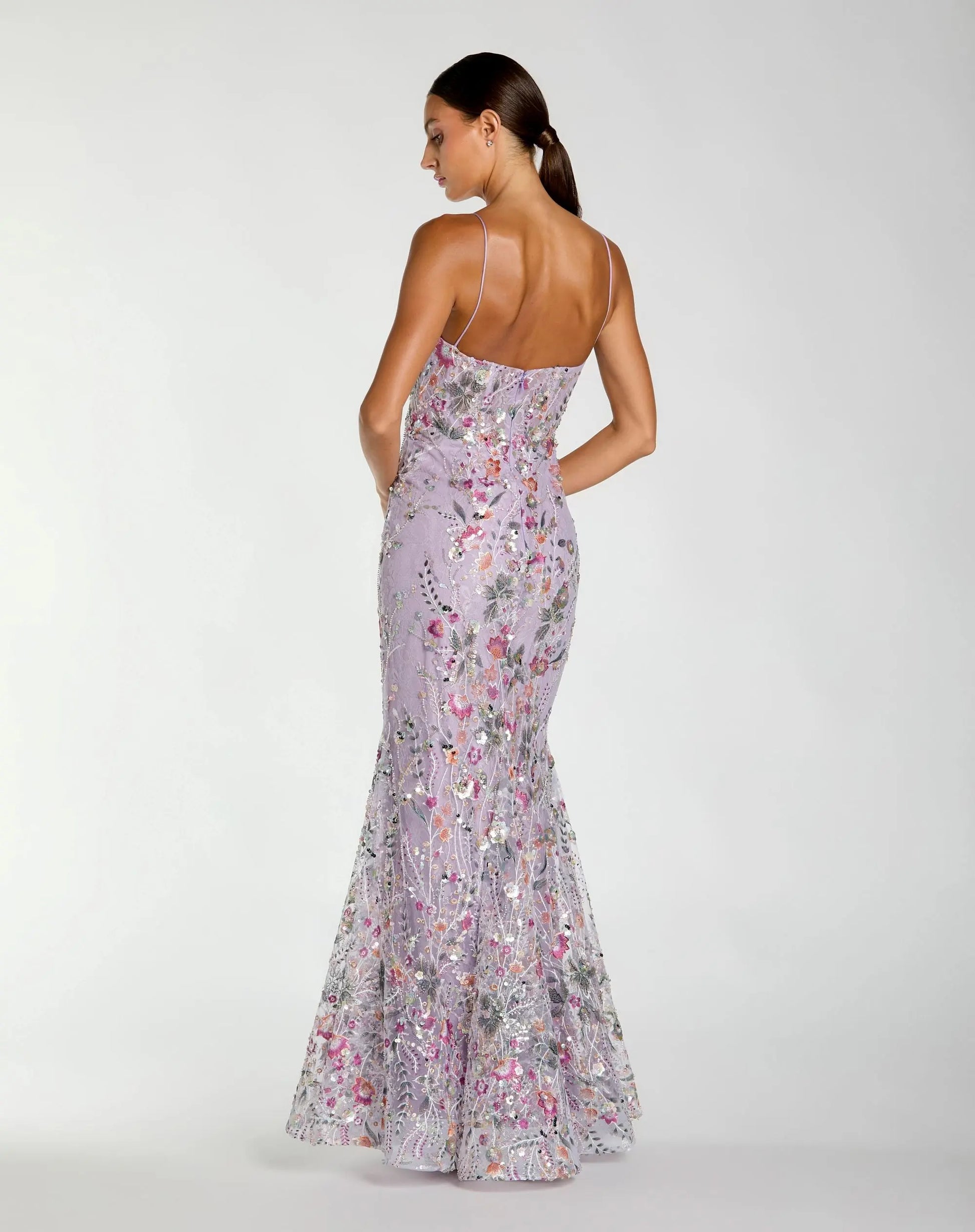 Purple Spaghetti Strap Floral Embroidered Trumpet Gown | Mac Duggal Purple Spaghetti Strap Floral Embroidered Trumpet Gown | Mac Duggal