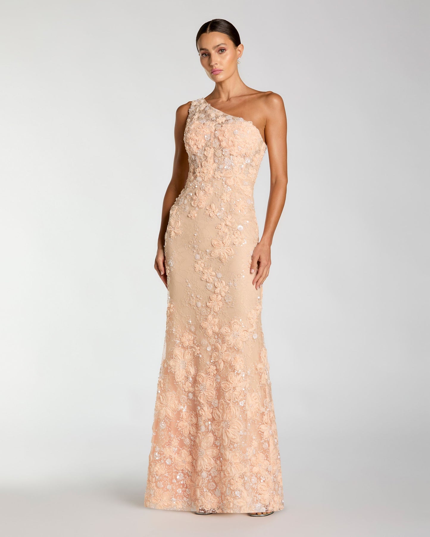 Orange One Shoulder Floral Appliqué Sequin Gown Mac Duggal