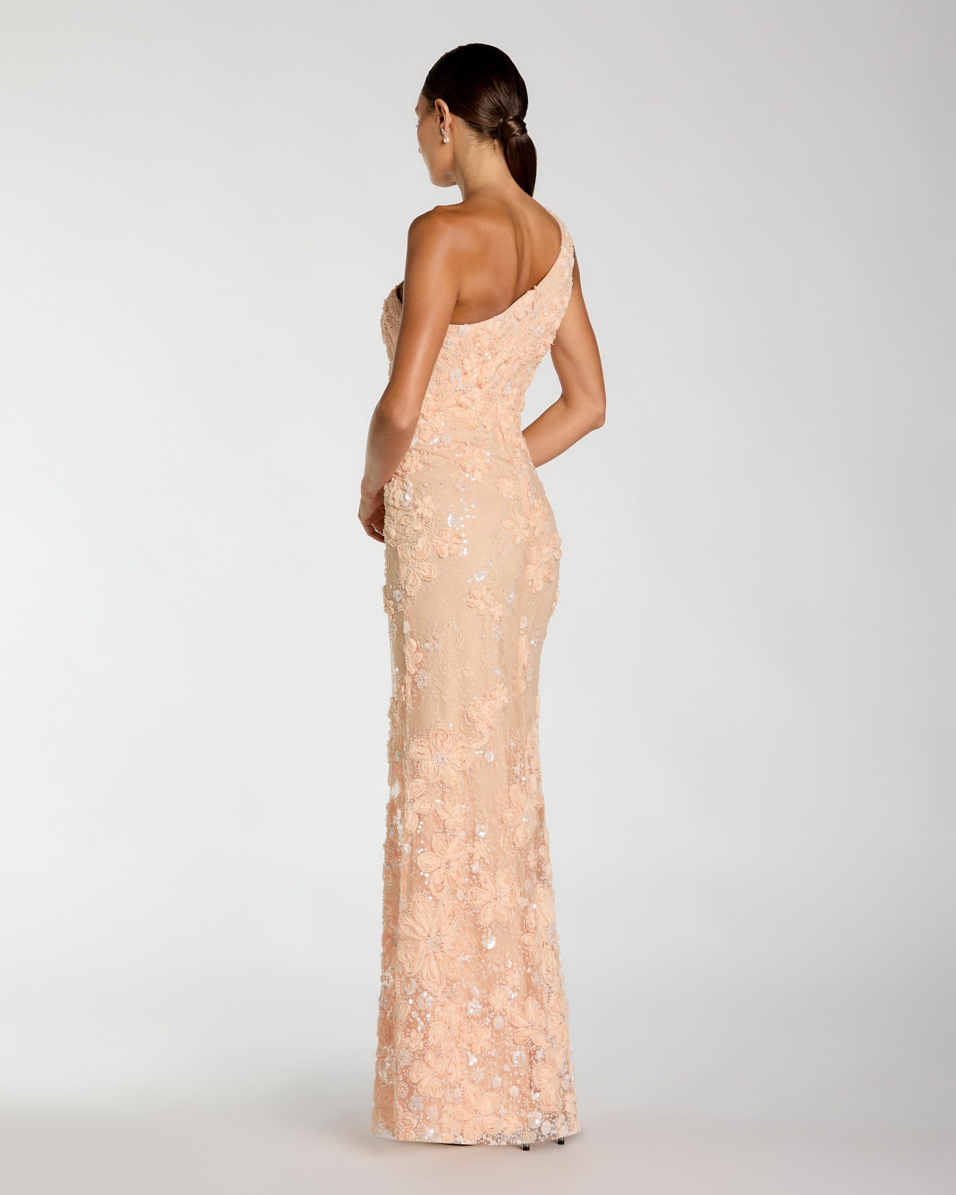 Orange One Shoulder Floral Appliqué Sequin Gown Mac Duggal