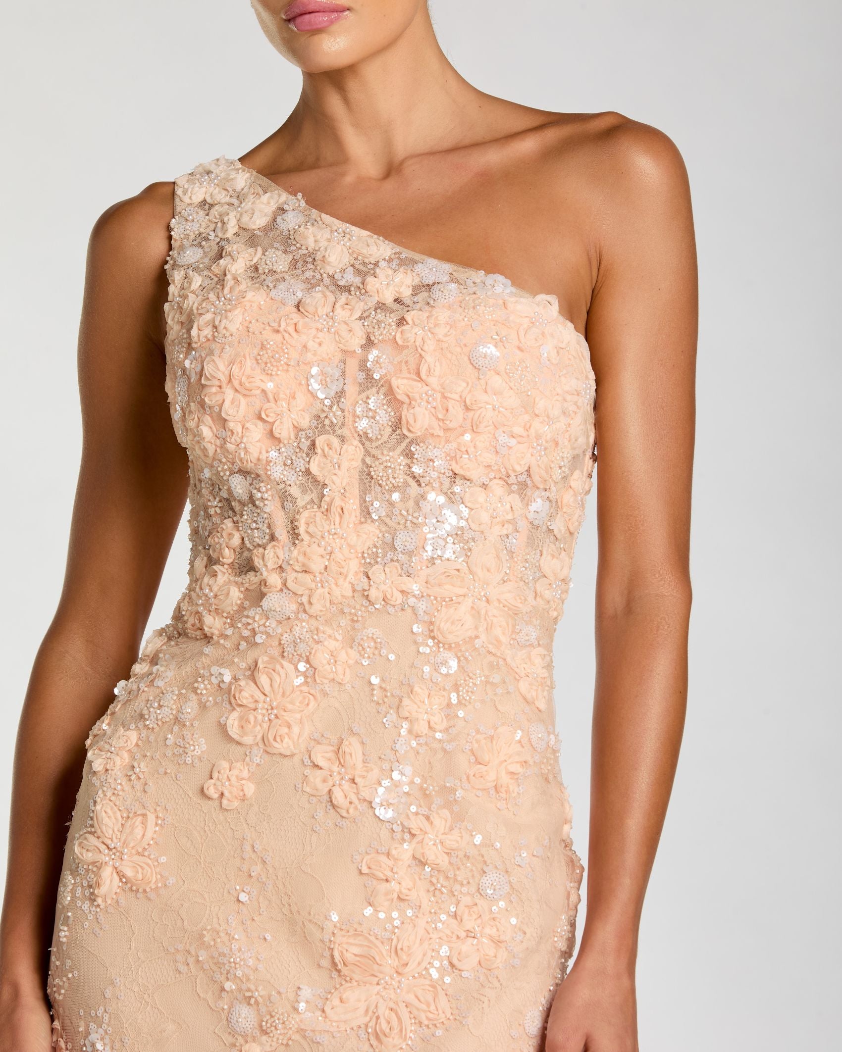 Orange One Shoulder Floral Appliqué Sequin Gown Mac Duggal