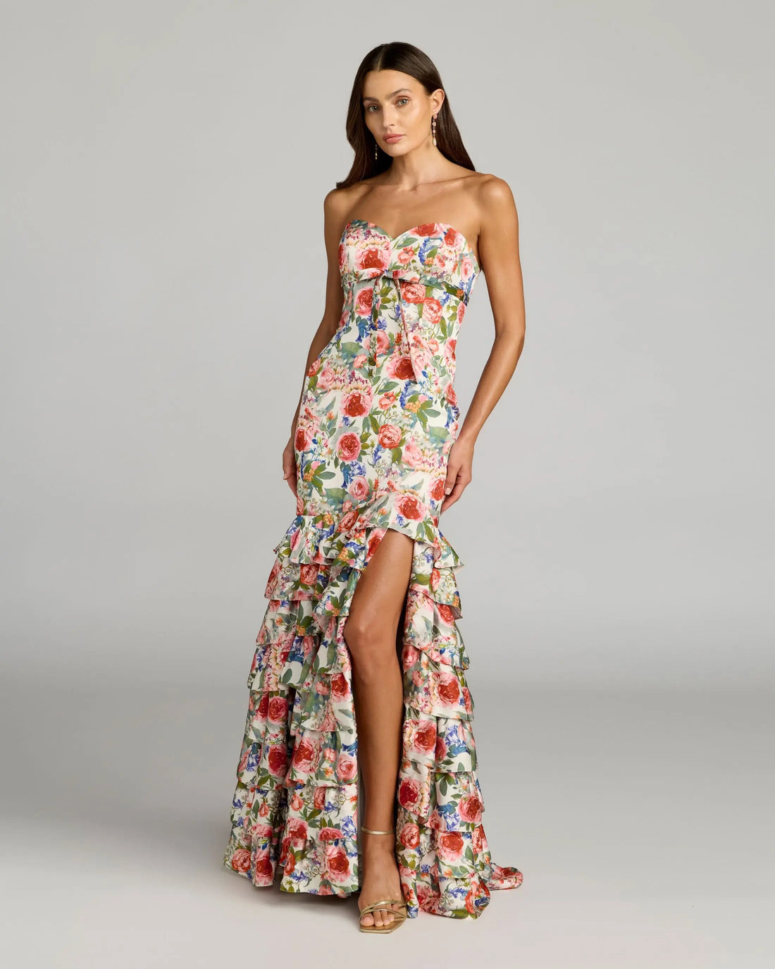 Mac Duggal Strapless Floral Charmeuse Ruffle Gown, Womens, 2, Ivory Multi