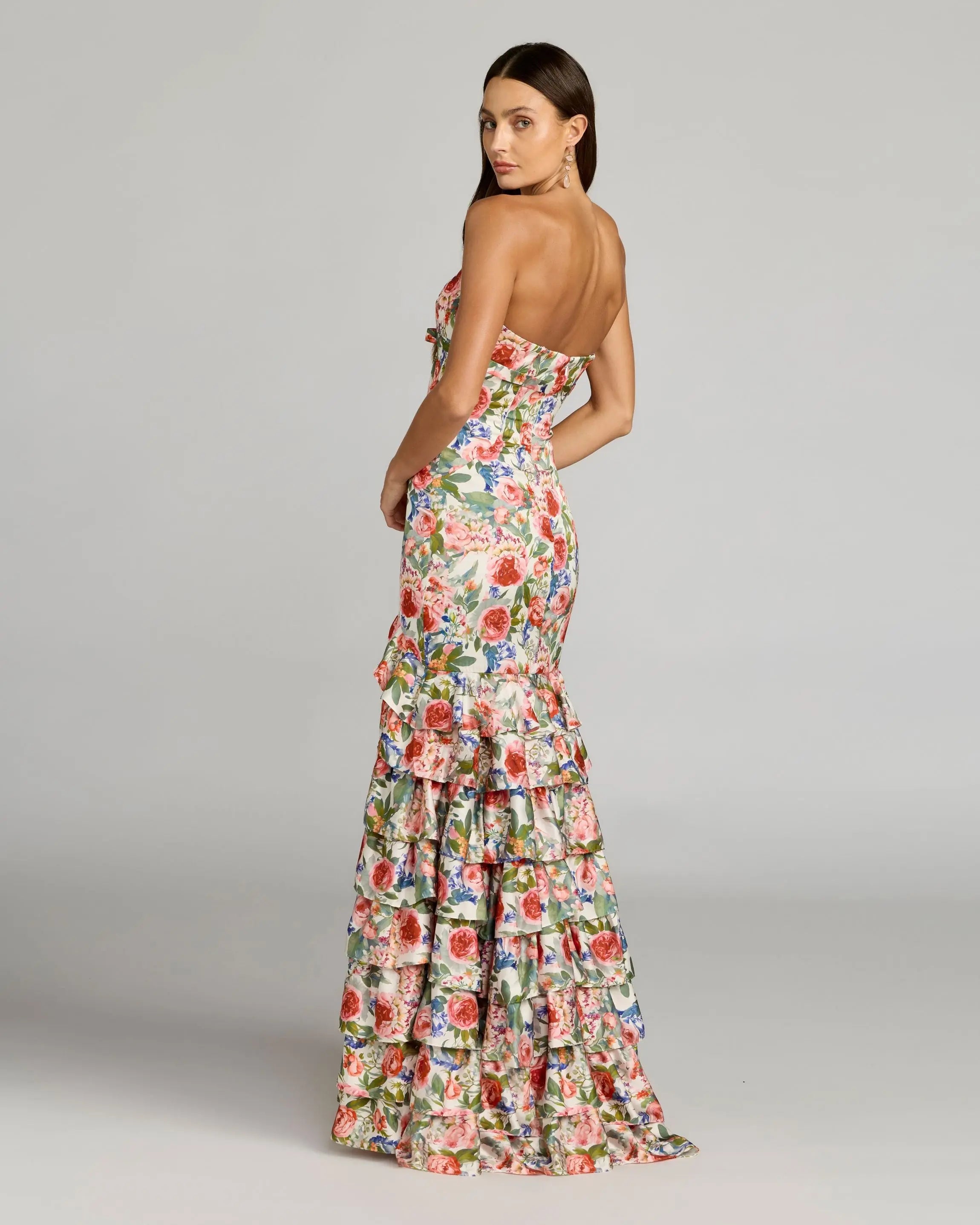 Multicolor Floral Strapless Ruffle Hem Mermaid Gown Ieena for Mac Duggal