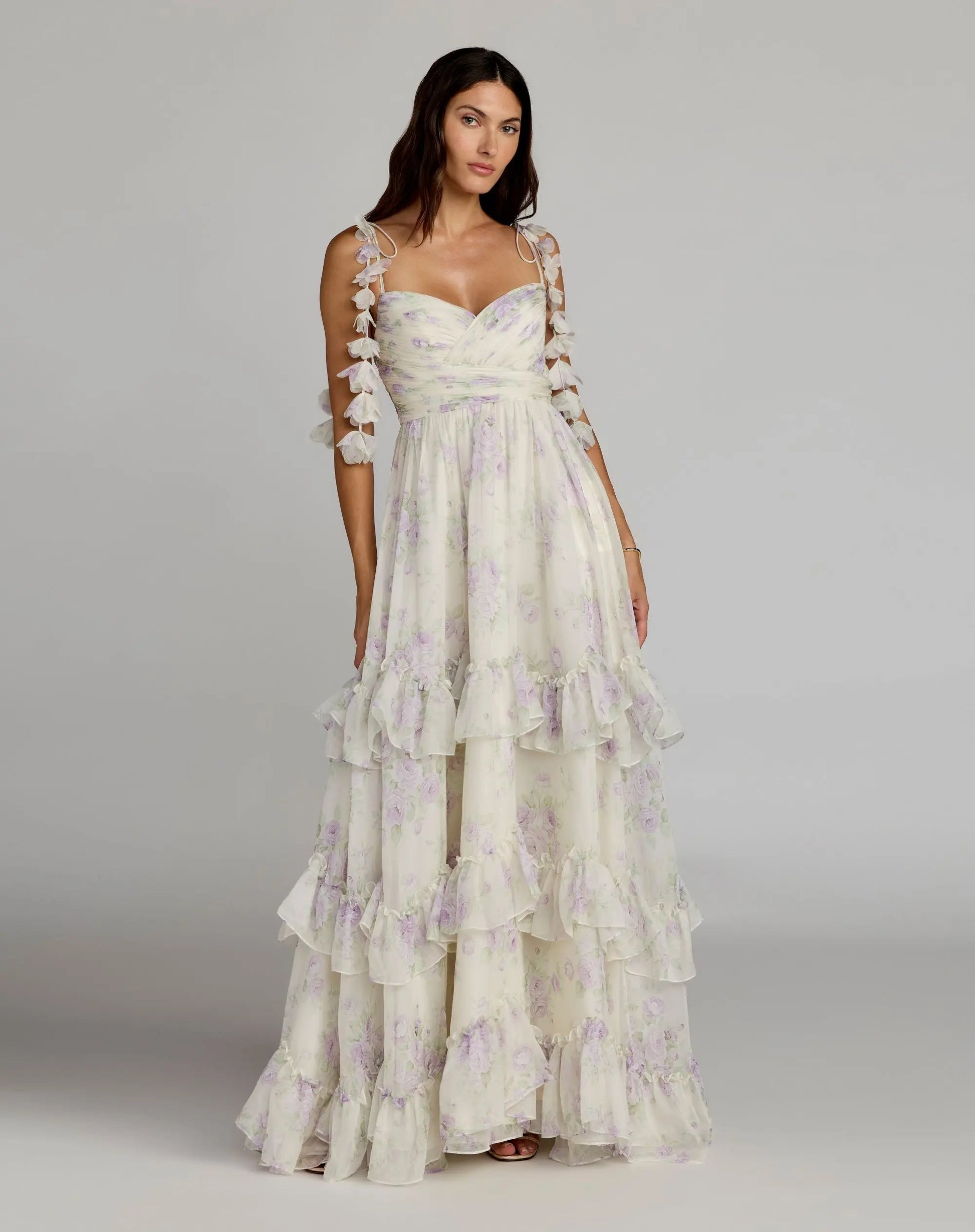 White Floral Chiffon Ruffle Gown With 3D Flower Straps White Floral Chiffon Ruffle Gown With 3D Flower Straps