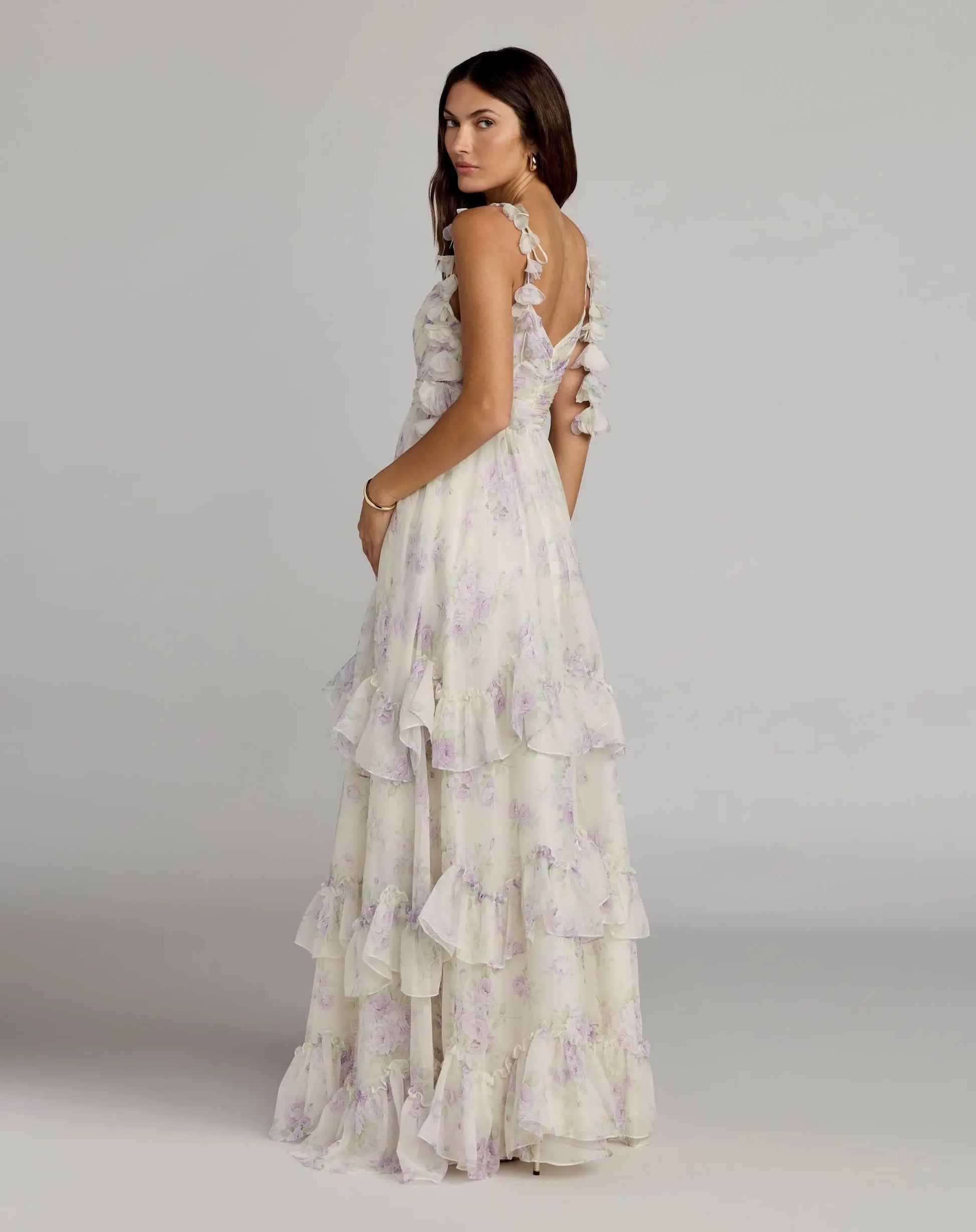 mac duggal floral-strap tiered ruffled pleated satin maxi dress Mac Duggal Floral-Strap Tiered Ruffled Pleated Satin Maxi Dress