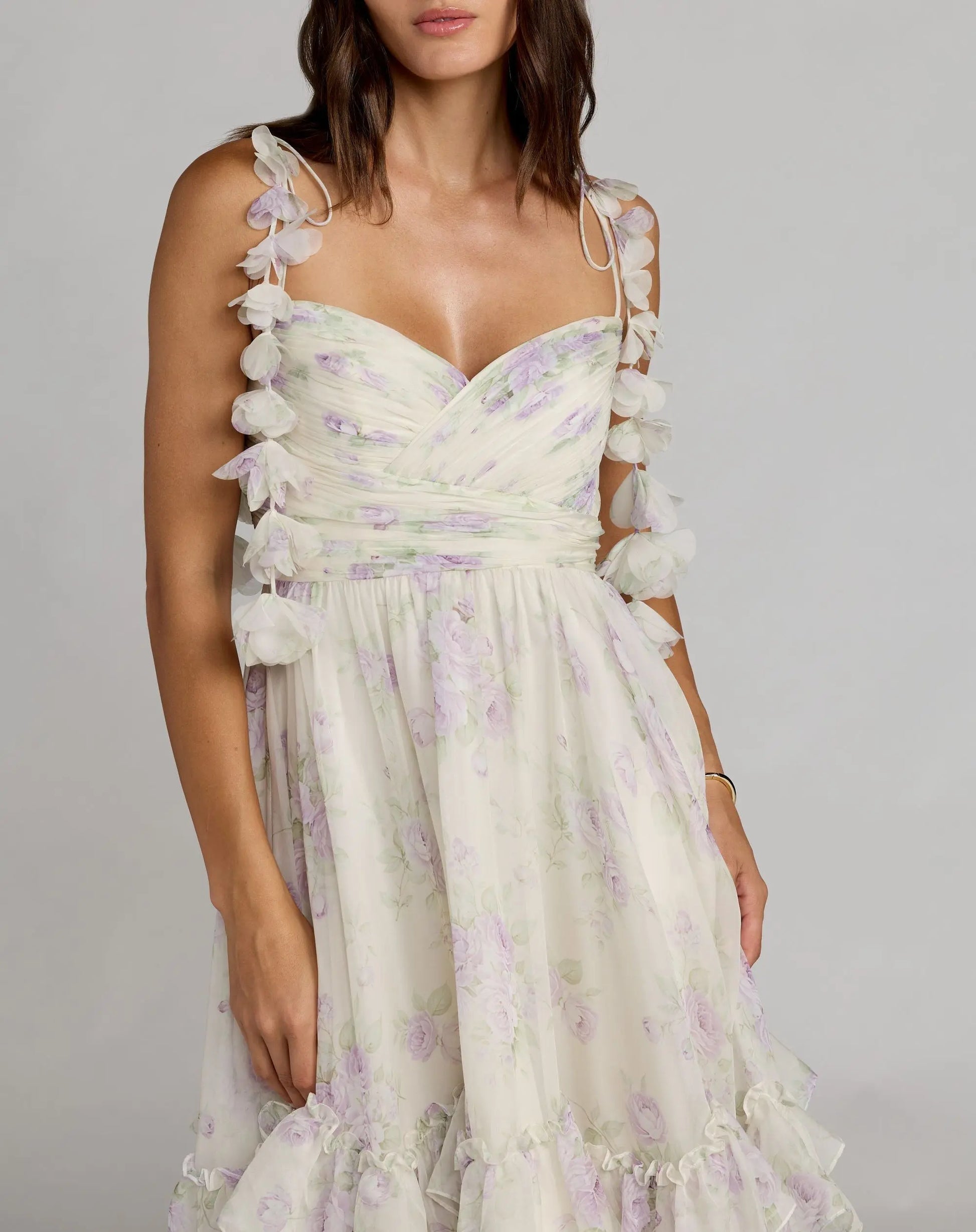 Ieena for Mac Duggal - White Floral Chiffon Ruffle Gown With 3D Flower Straps Ieena for Mac Duggal - White Floral Chiffon Ruffle Gown With 3D Flower Straps