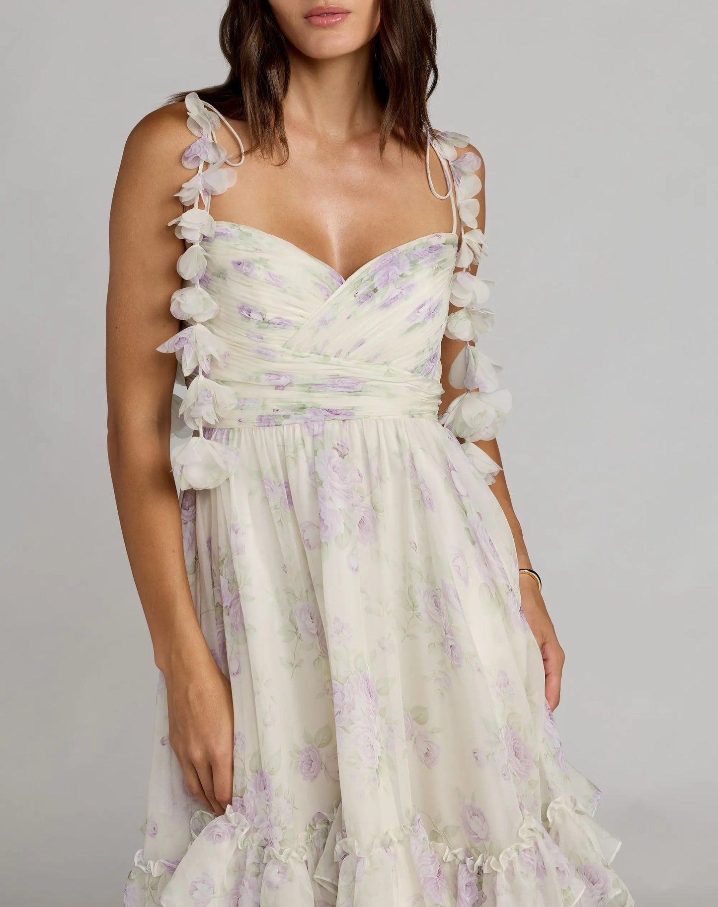 White Floral Chiffon Ruffle Gown With 3D Flower Straps - Ieena for Mac Duggal