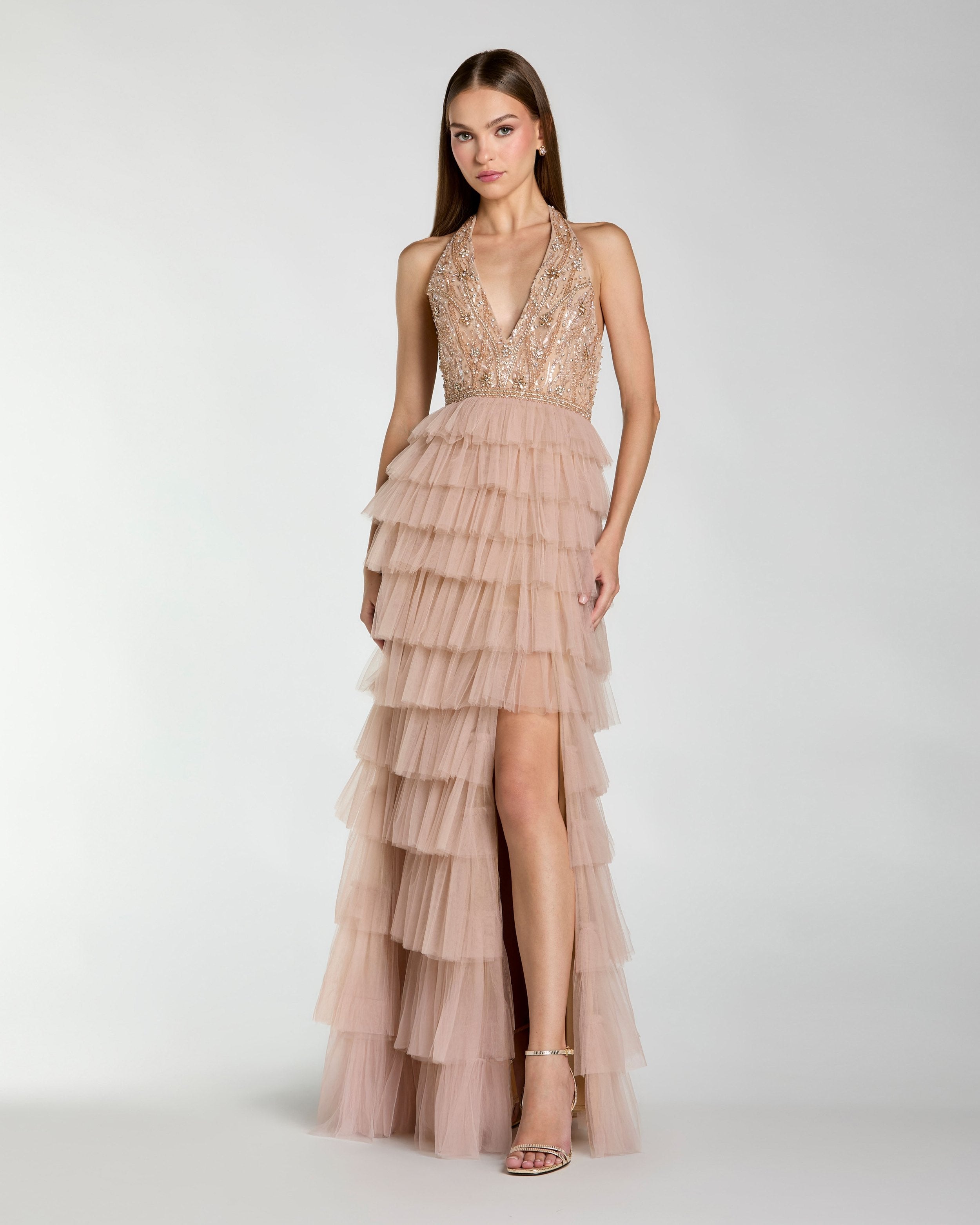 Beige Embellished Halter Neck Tiered Ruffle Gown Mac Duggal