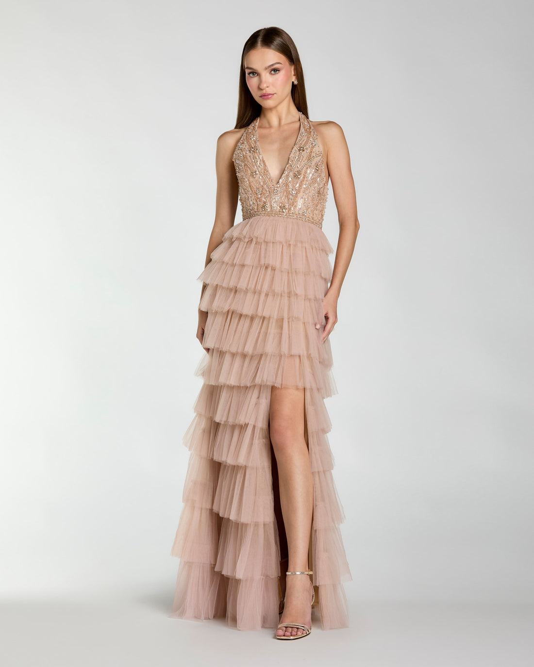 Beige Embellished Halter Neck Tiered Ruffle Gown Mac Duggal