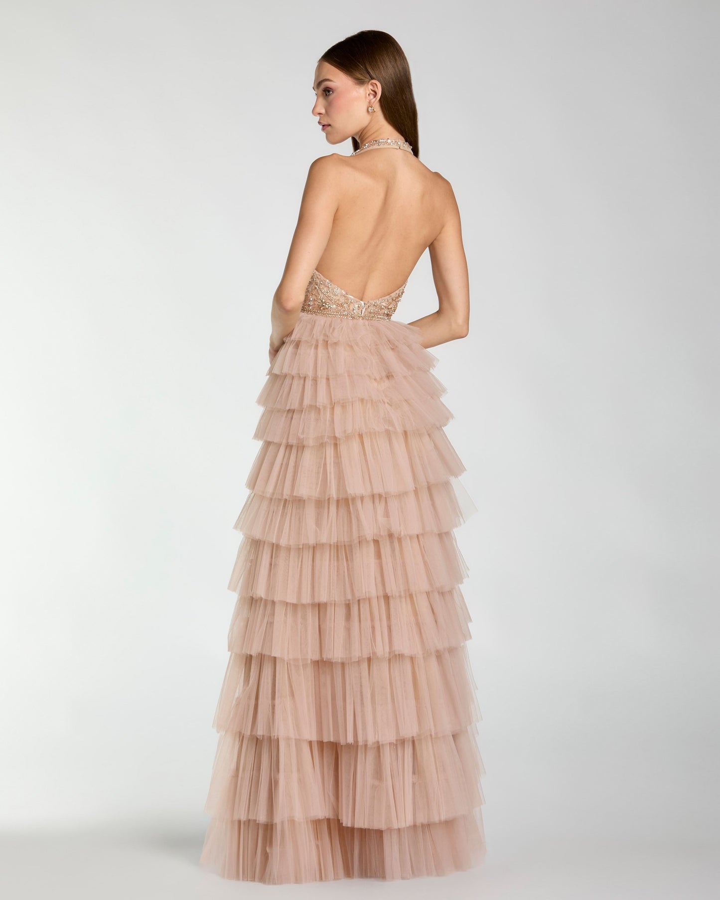 Beige Embellished Halter Neck Tiered Ruffle Gown Mac Duggal