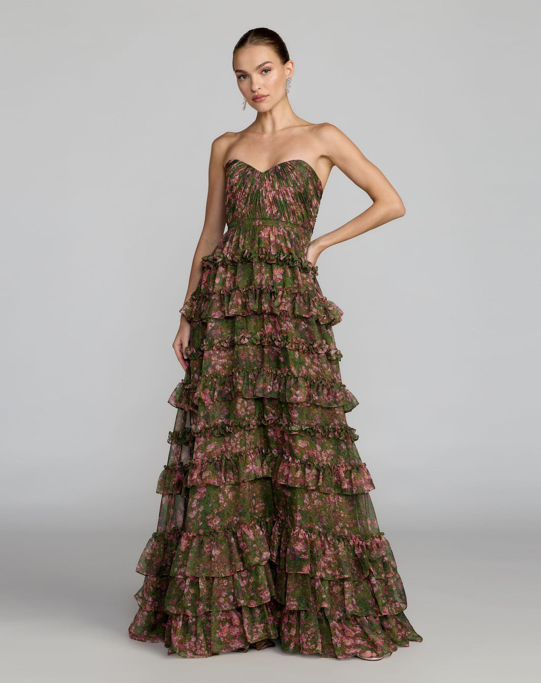 Green Strapless Floral Ruffle Ballgown - Ieena for Mac Duggal