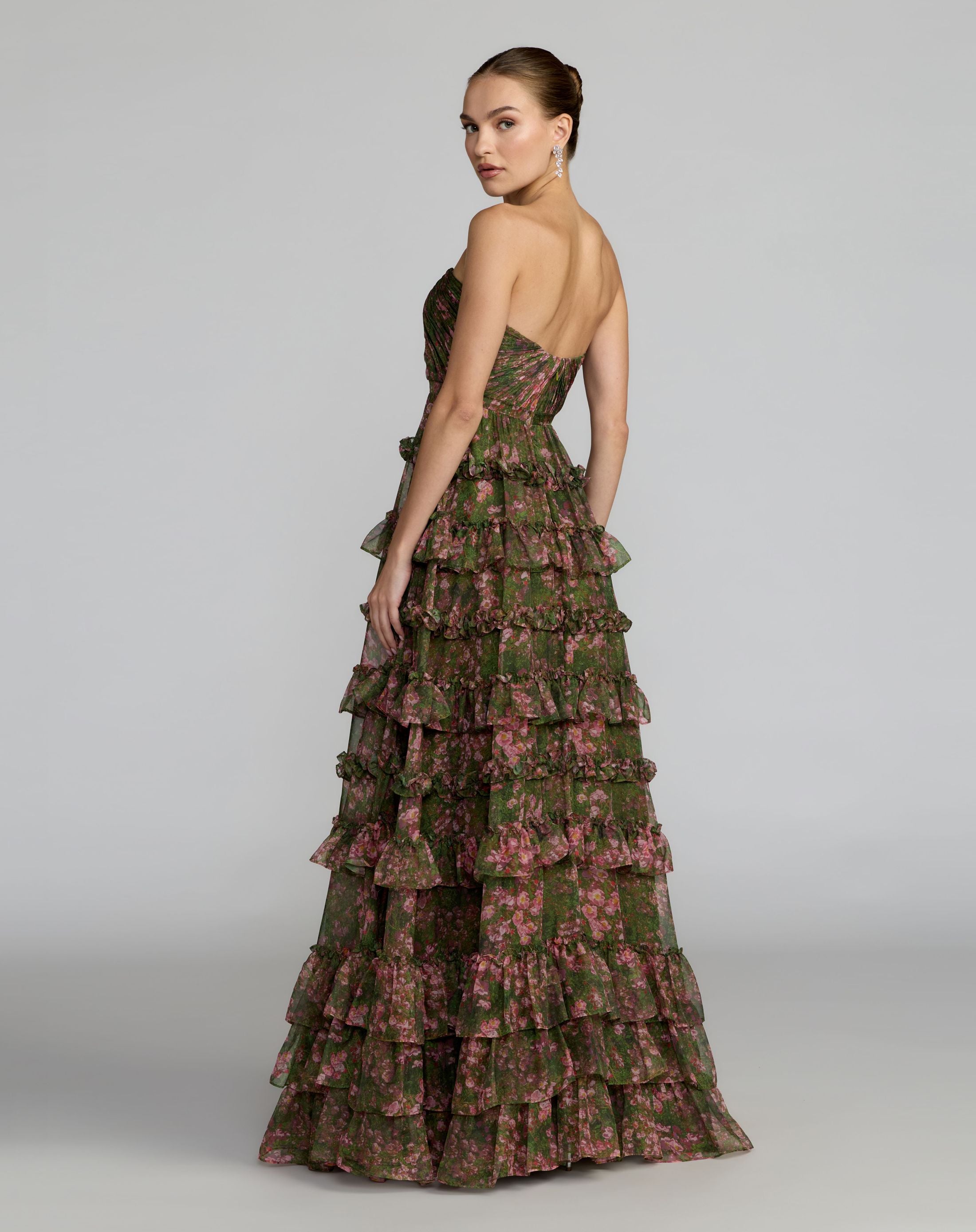 Green Strapless Floral Ruffle Ballgown | Mac Duggal
