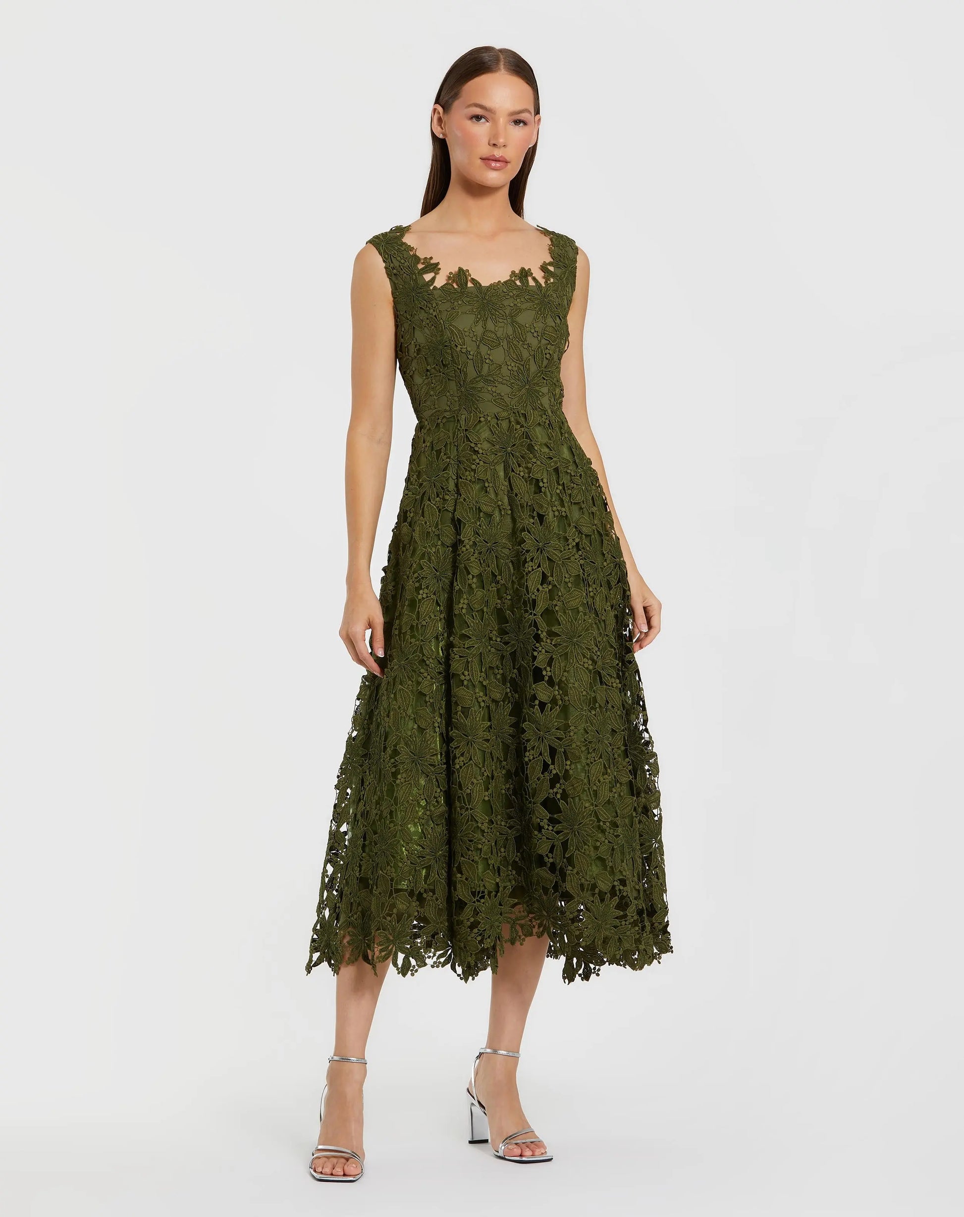 Green Sleeveless Square Neck Lace A Line Midi Dress - Mac Duggal