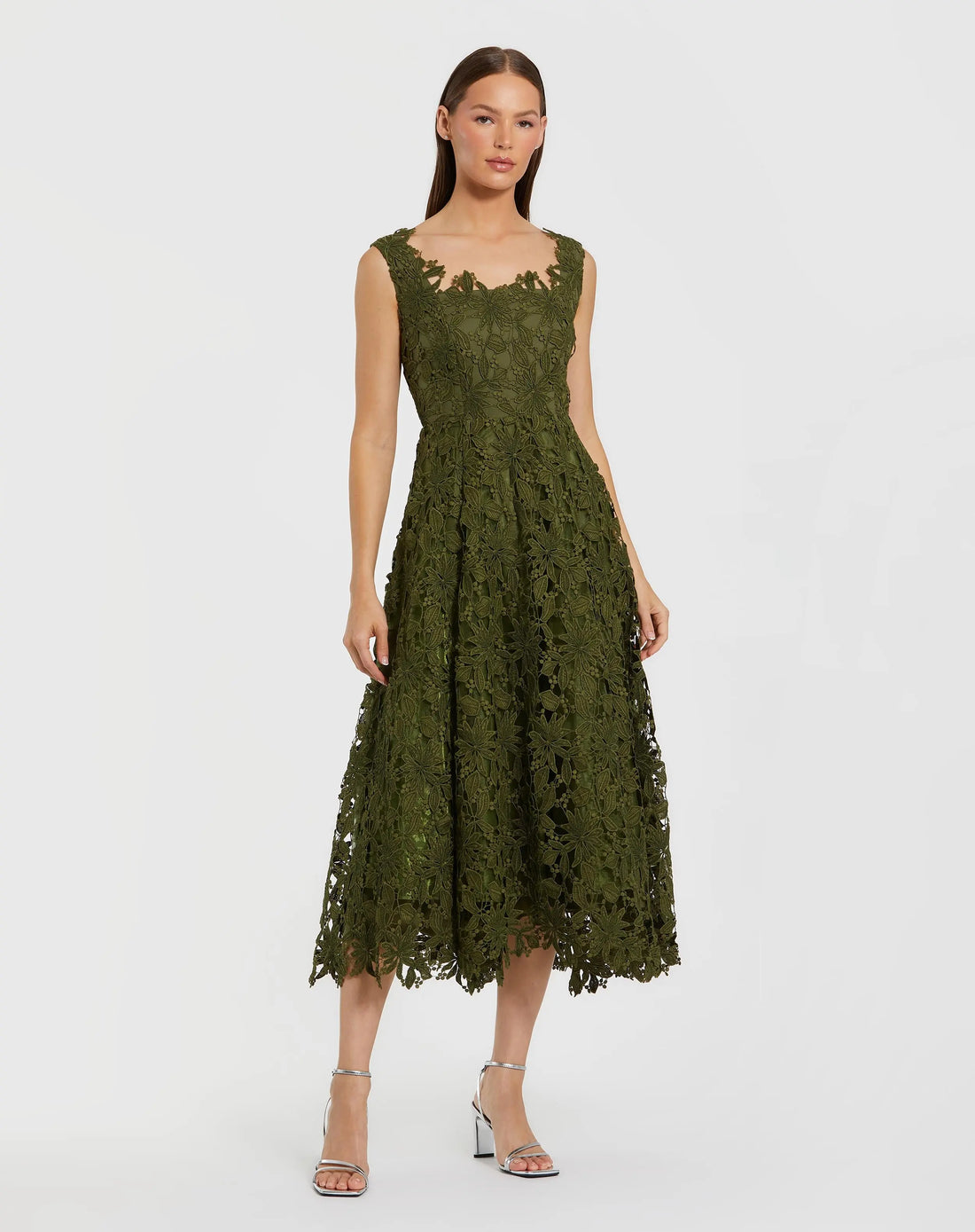 Green Sleeveless Square Neck Lace A Line Midi Dress - Mac Duggal