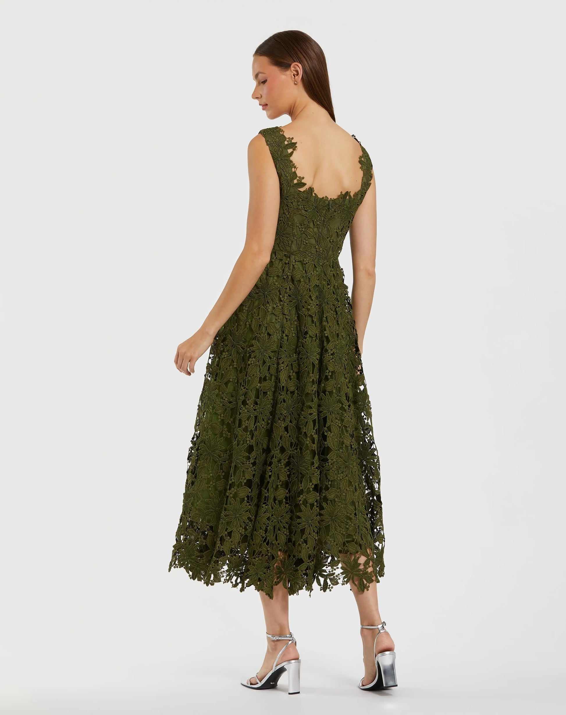 Mac Duggal Sleeveless Square Neck Lace A-Line Midi Dress - Army Green Mac Duggal Sleeveless Square Neck Lace A-Line Midi Dress - Army Green