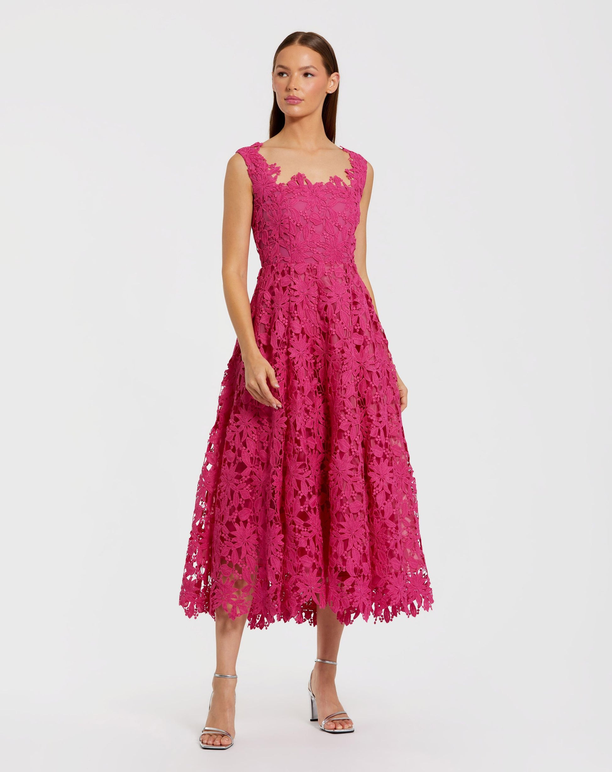 Mac Duggal Sleeveless Square Neck Lace A-Line Midi Dress - Hot Pink Mac Duggal Sleeveless Square Neck Lace A-Line Midi Dress - Hot Pink