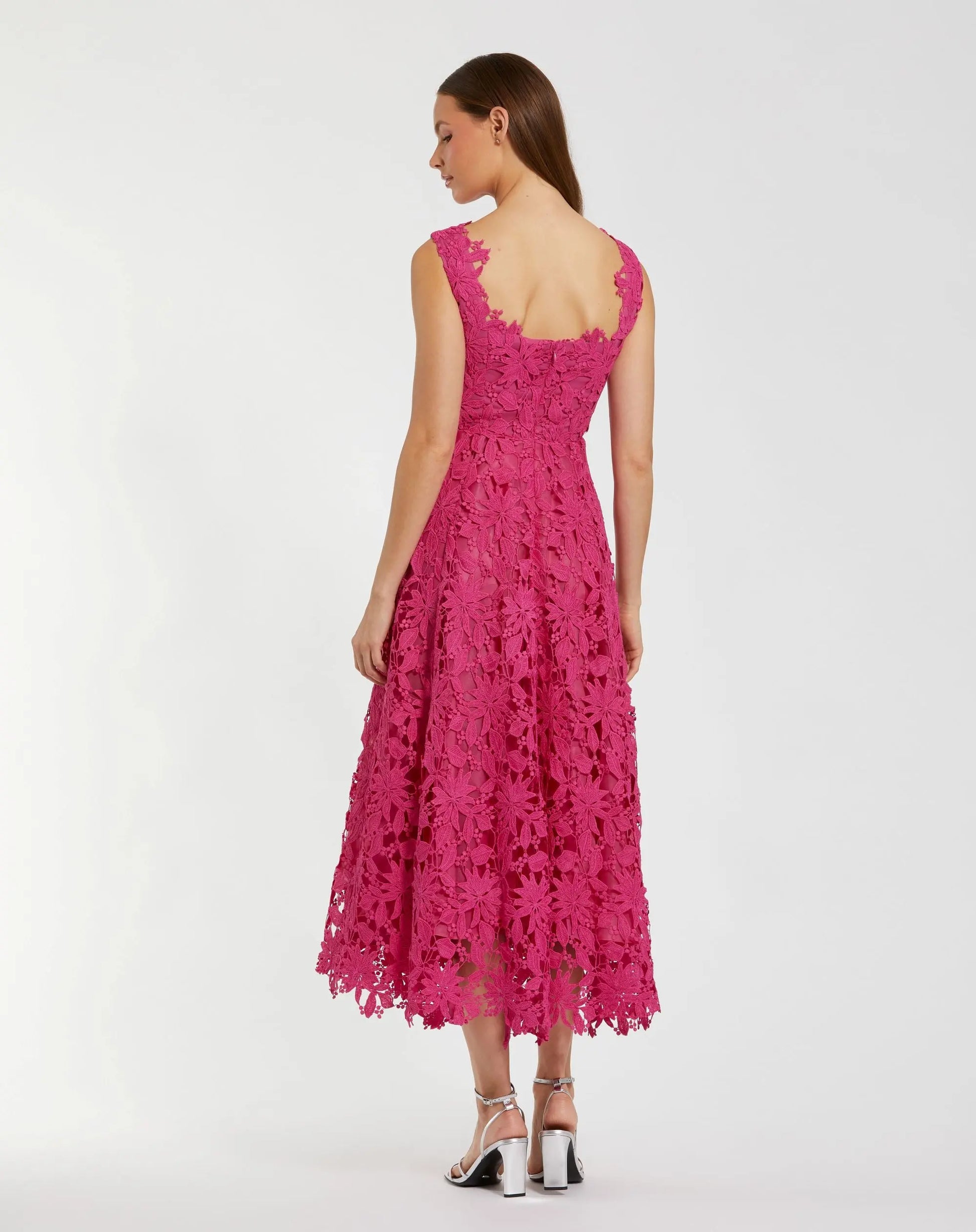 Mac Duggal Sleeveless Square Neck Lace A-Line Midi Dress - Hot Pink Mac Duggal Sleeveless Square Neck Lace A-Line Midi Dress - Hot Pink