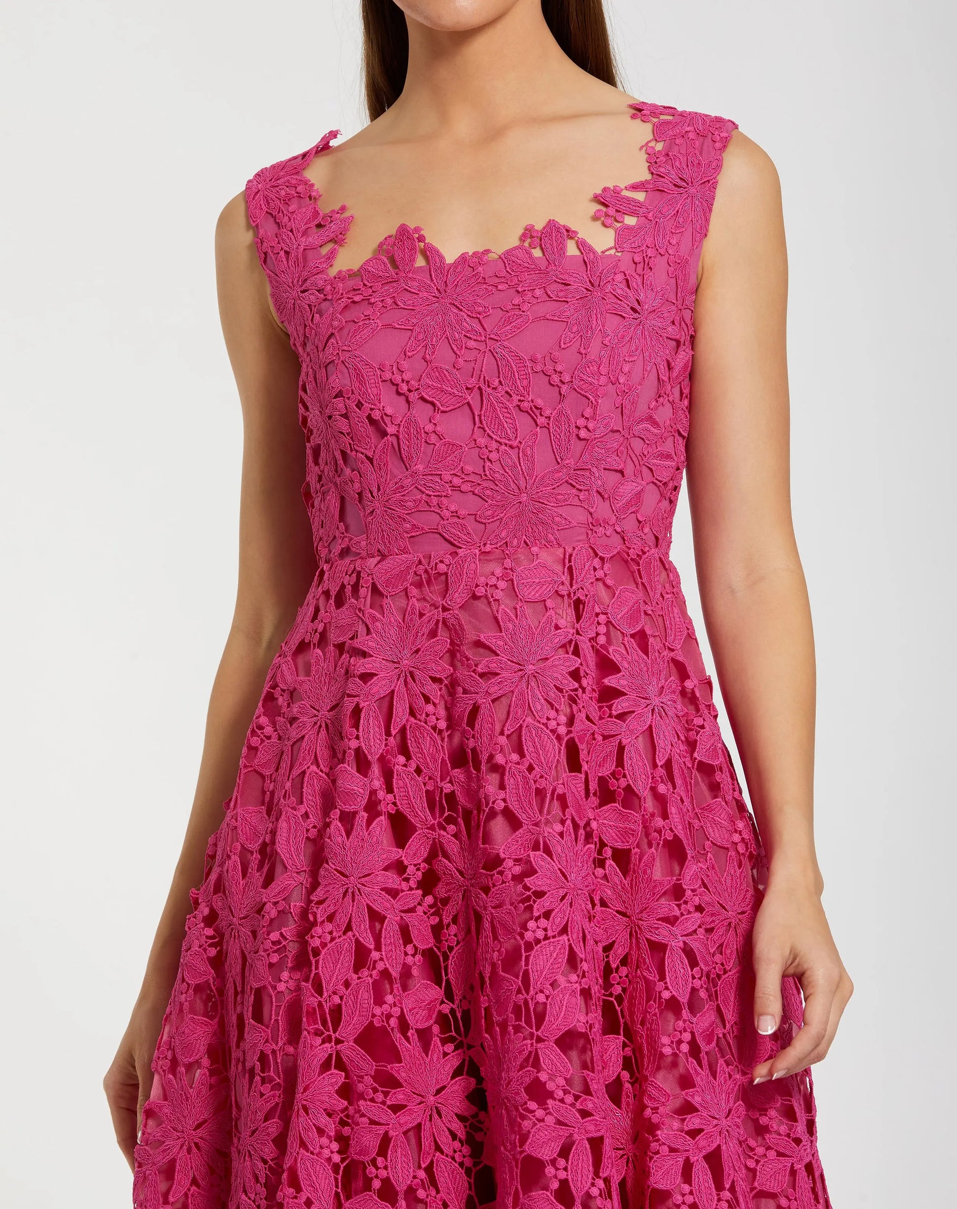 Pink Sleeveless Embroidered Lace A Line Midi Dress | Mac Duggal Pink Sleeveless Embroidered Lace A Line Midi Dress | Mac Duggal