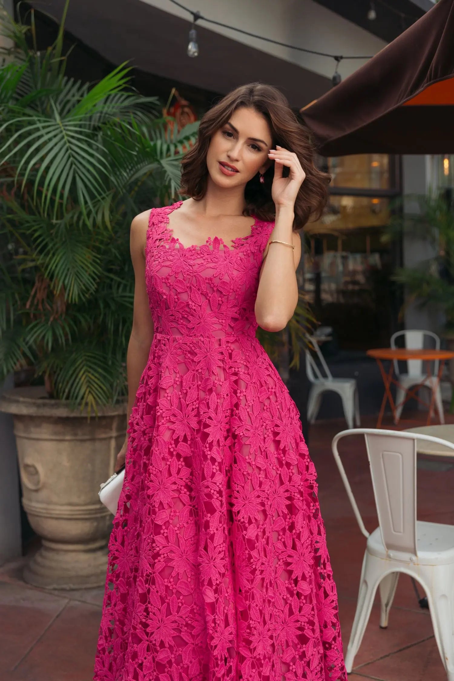 Mac Duggal Sleeveless Square Neck Lace A-Line Midi Dress - Hot Pink Mac Duggal Sleeveless Square Neck Lace A-Line Midi Dress - Hot Pink