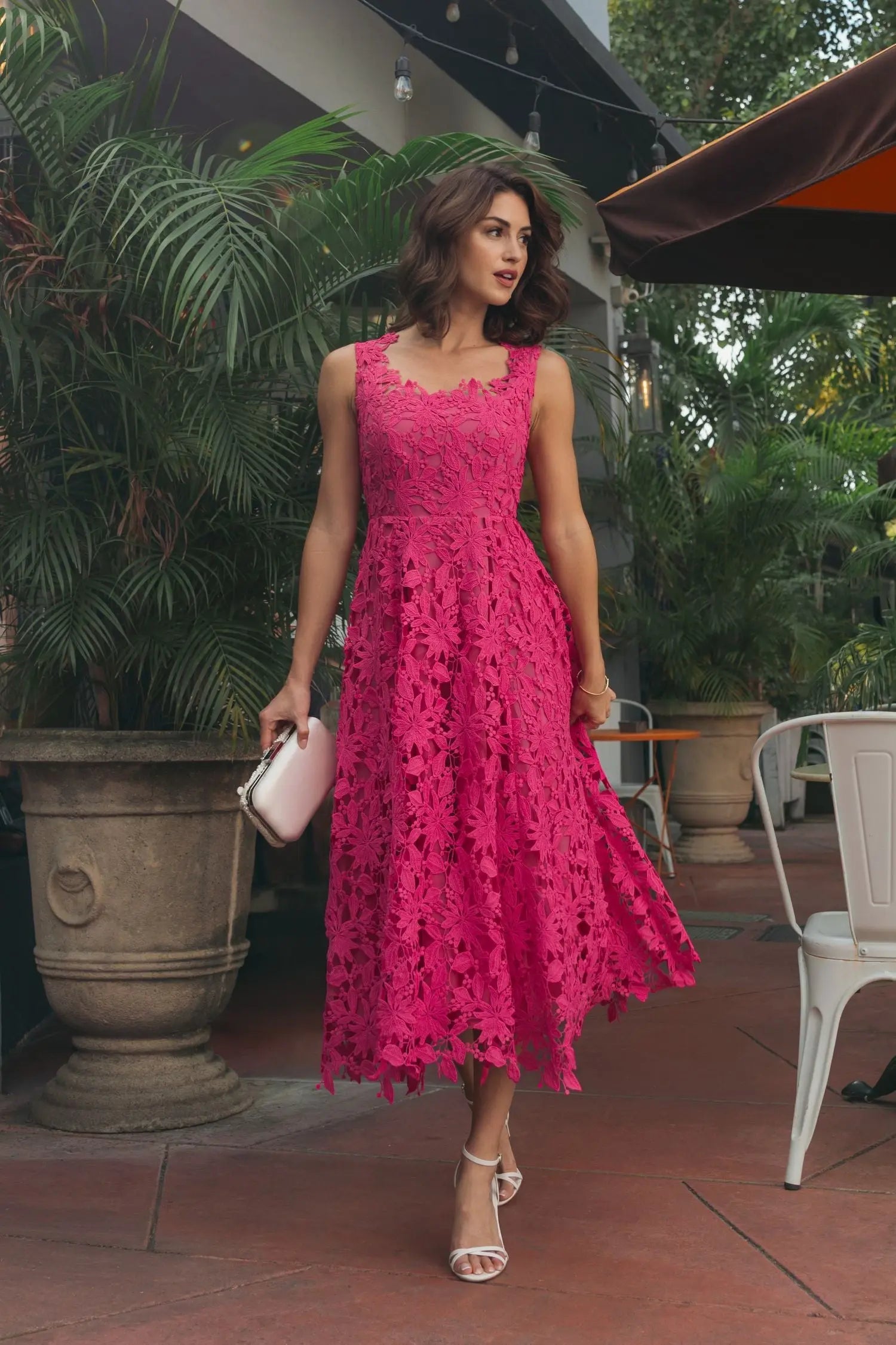 Mac Duggal Sleeveless Square Neck Lace A-Line Midi Dress - Hot Pink Mac Duggal Sleeveless Square Neck Lace A-Line Midi Dress - Hot Pink