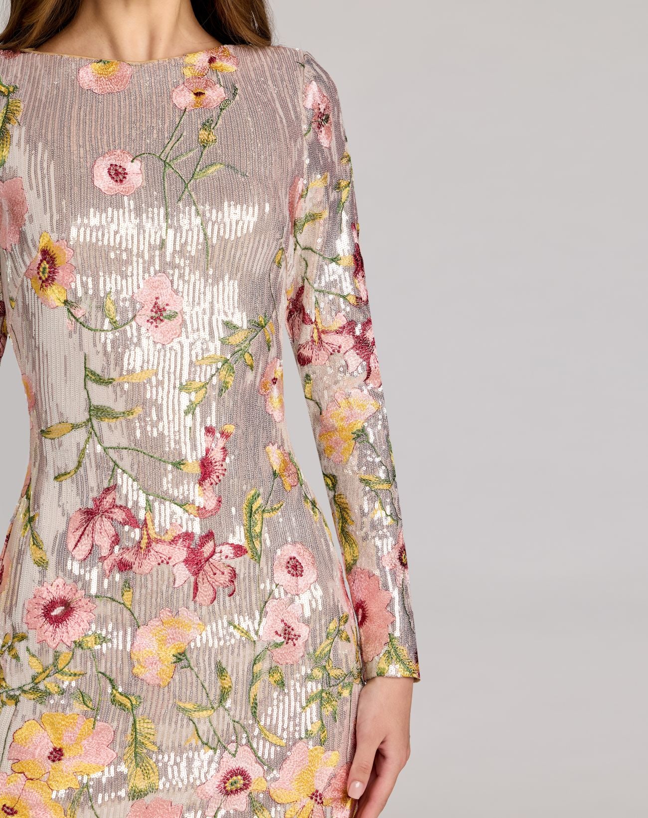 Silver Long Sleeve Floral Embroidered Sequin Mini Dress - Mac Duggal