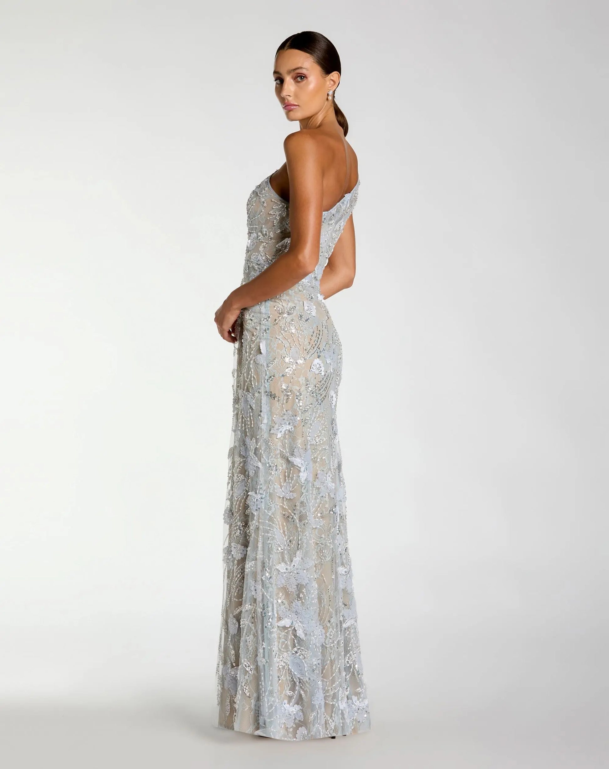 Beige Sleeveless One Shoulder Embellished Lace Gown | Mac Duggal Beige Sleeveless One Shoulder Embellished Lace Gown | Mac Duggal