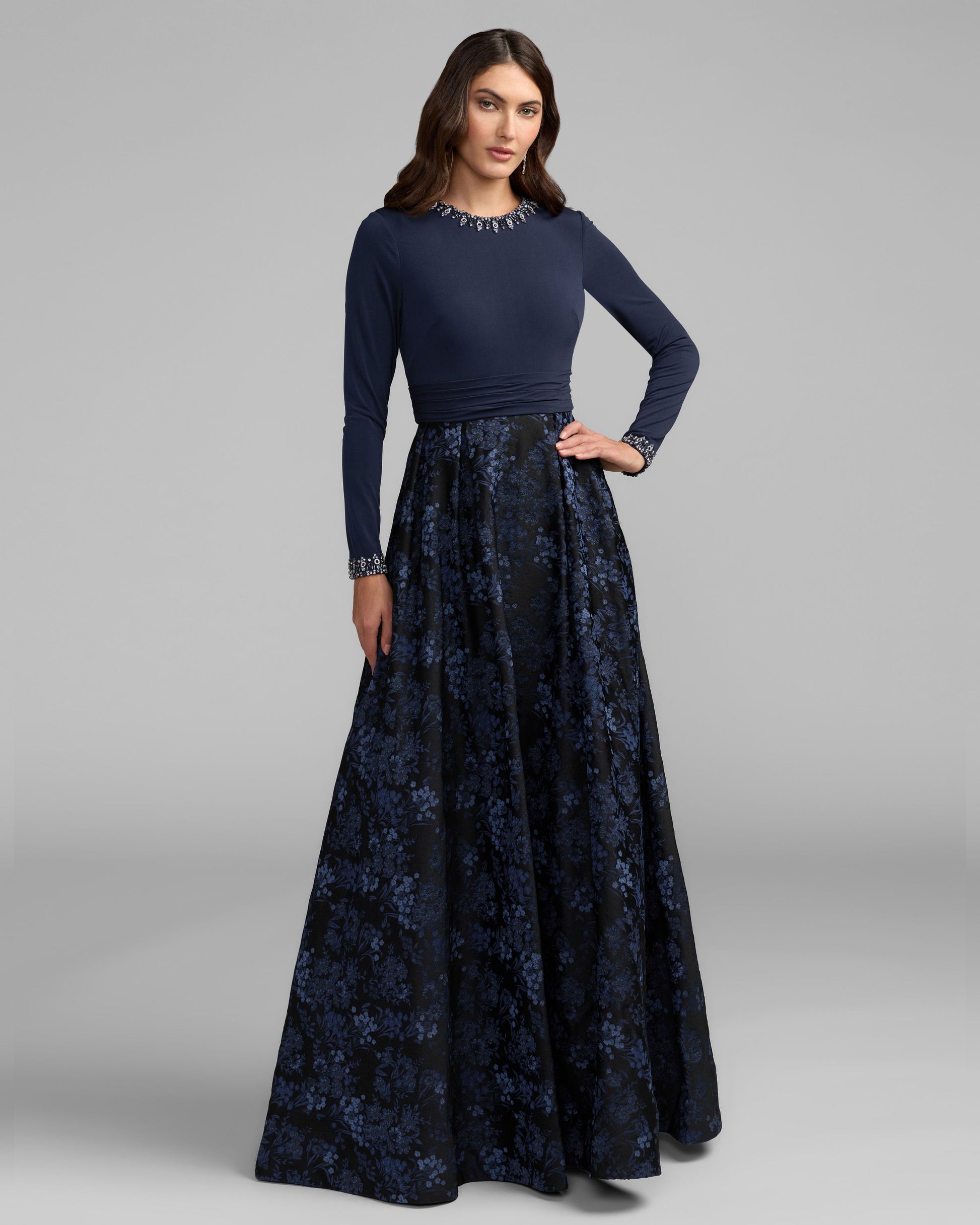 Navy Floral Brocade A-Line Gown With Pockets Mac Duggal