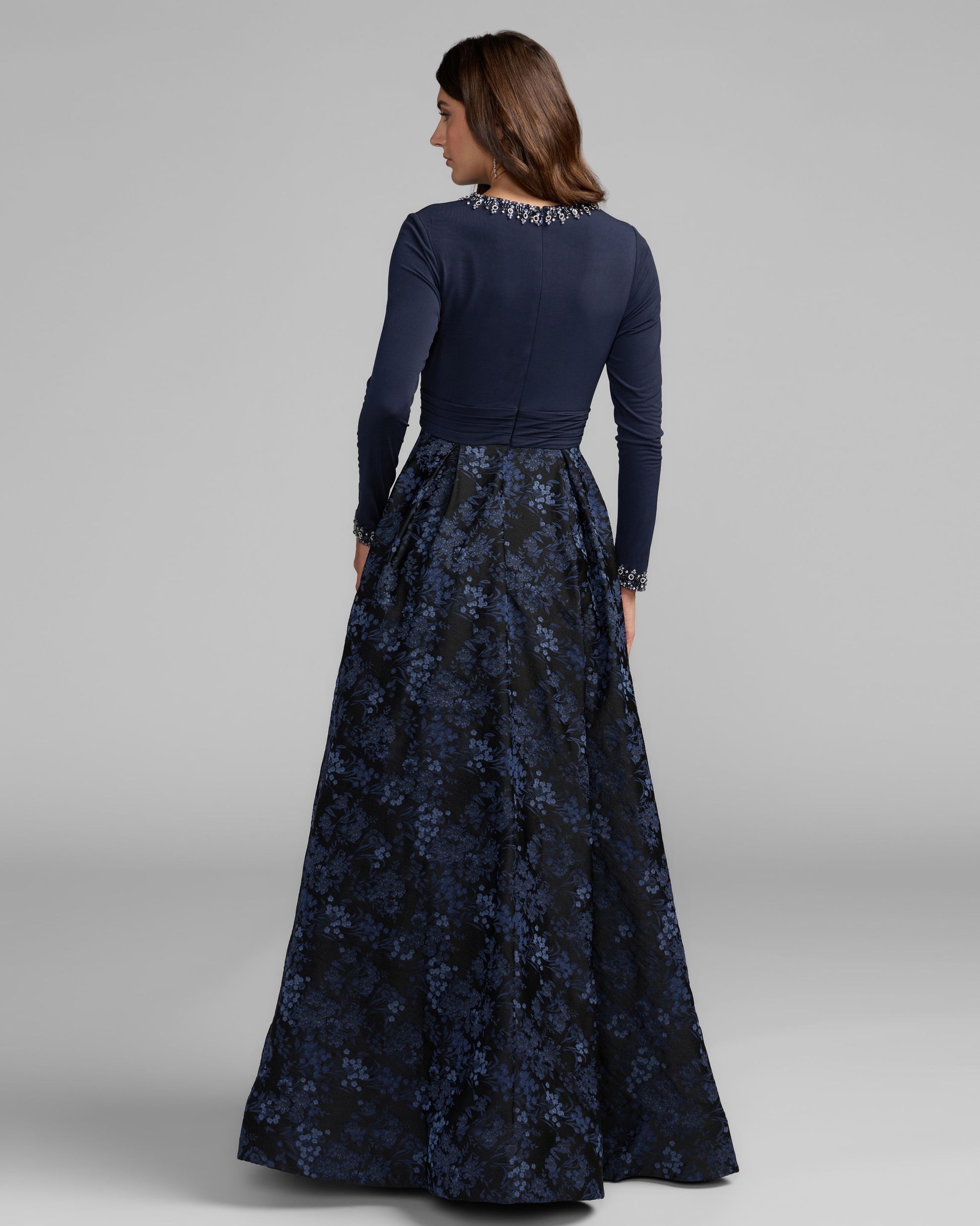 Navy Floral Brocade A-Line Gown With Pockets Mac Duggal