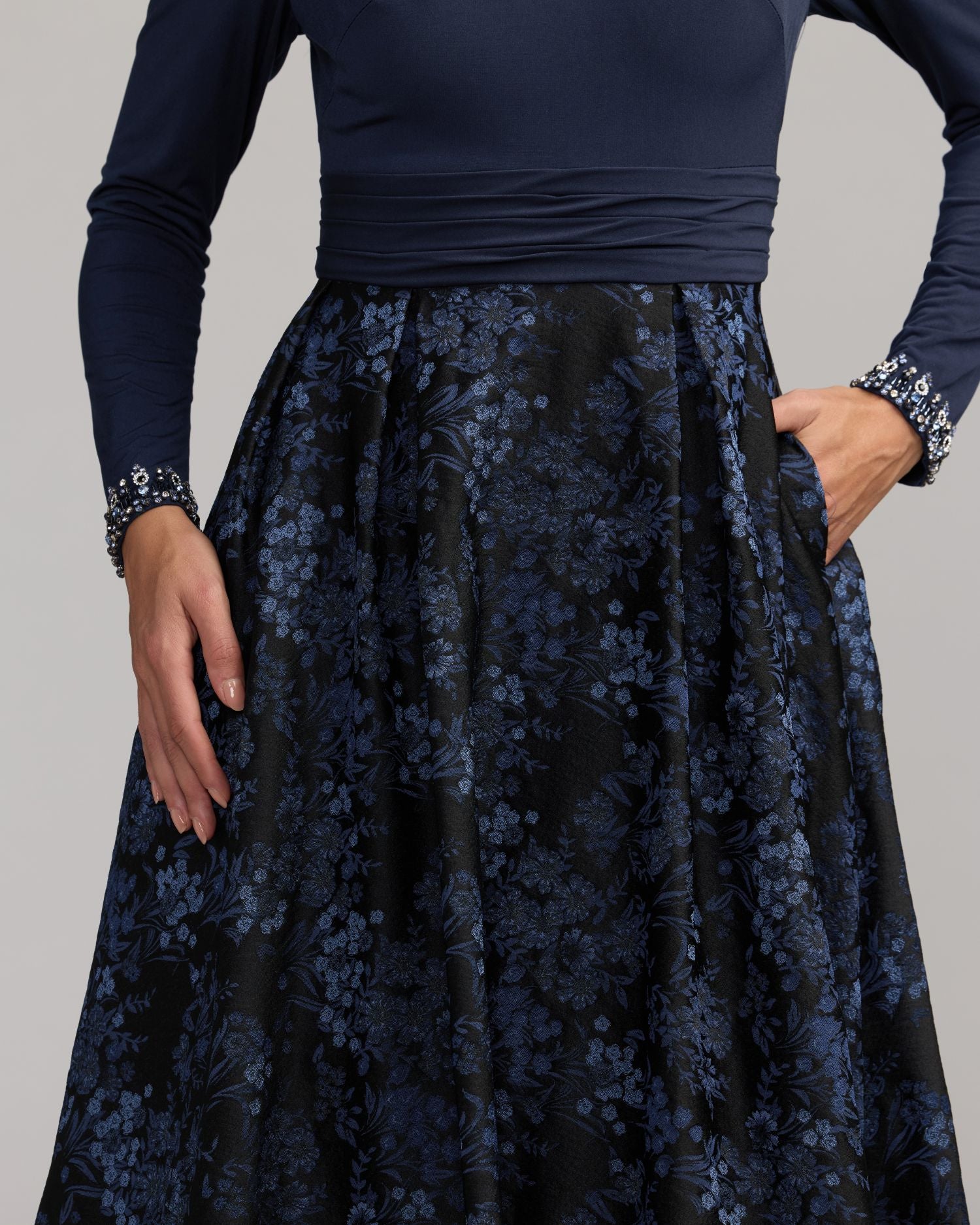 Navy Floral Brocade A-Line Gown With Pockets Mac Duggal