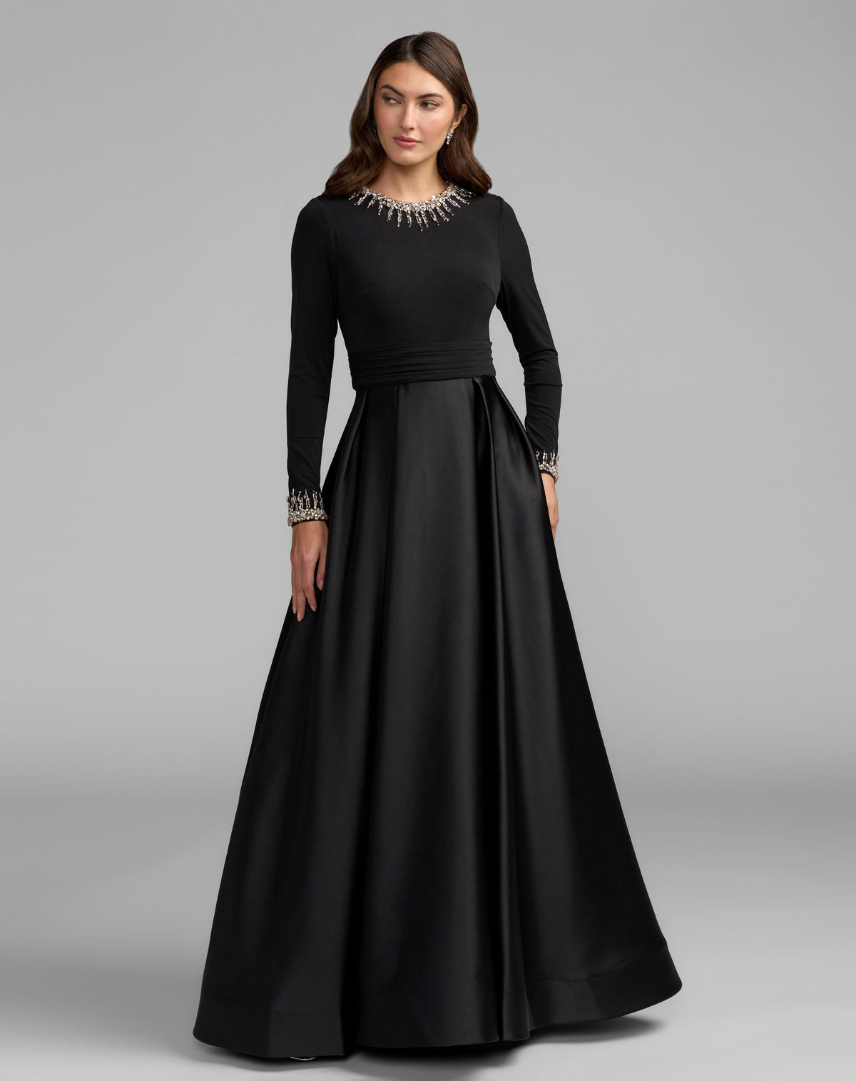 Black Jersey and Satin Long Sleeve A-Line Gown - Ieena for Mac Duggal