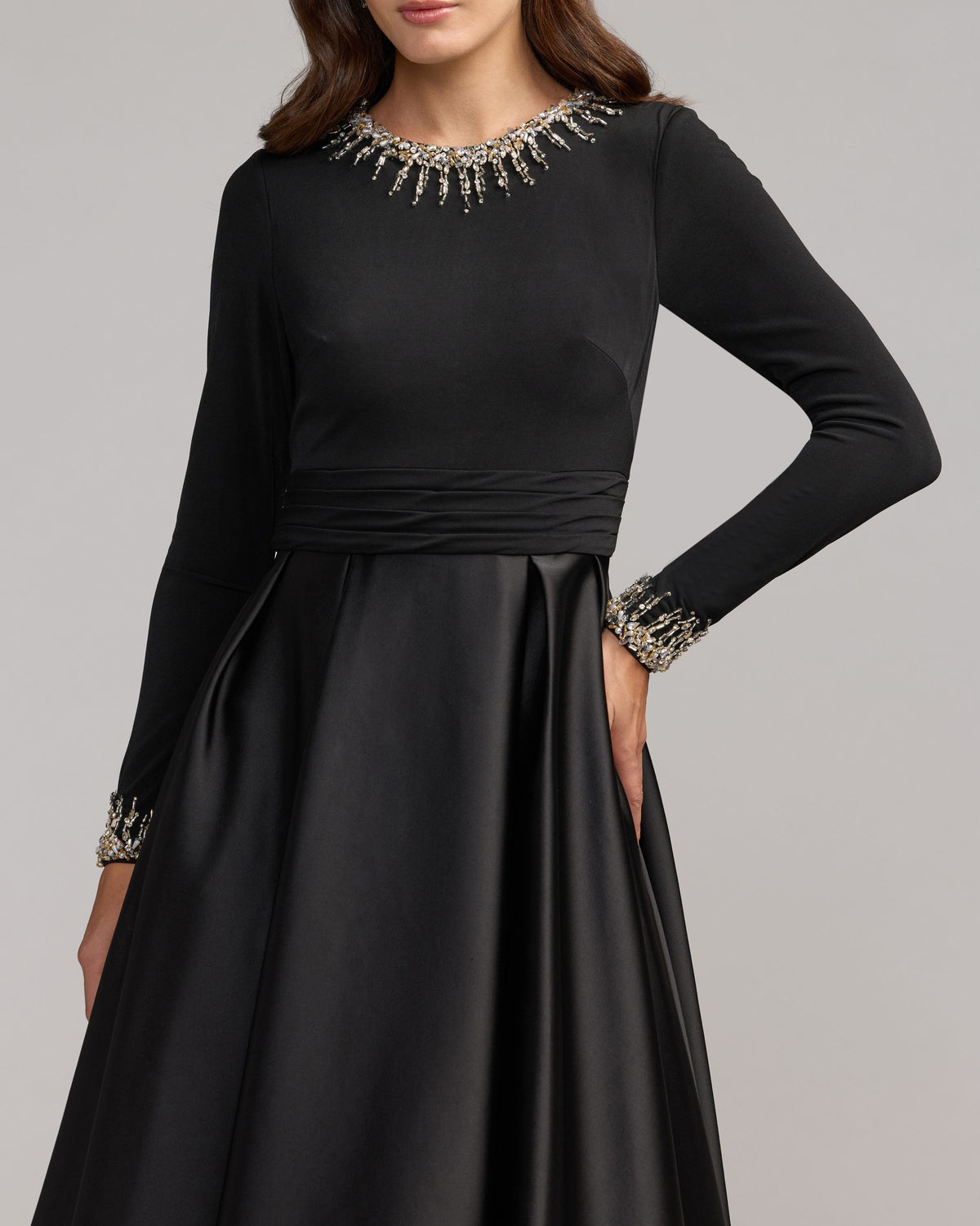 Black Jersey and Satin Long Sleeve A-Line Gown - Ieena for Mac Duggal