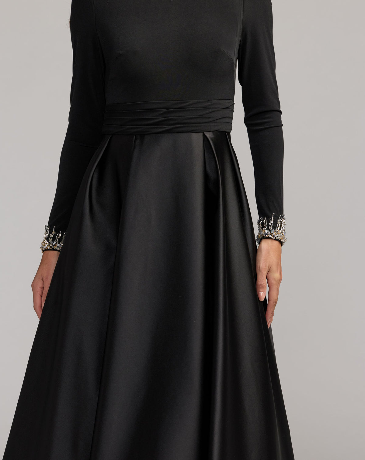 Black Jersey and Satin Long Sleeve A-Line Gown - Ieena for Mac Duggal
