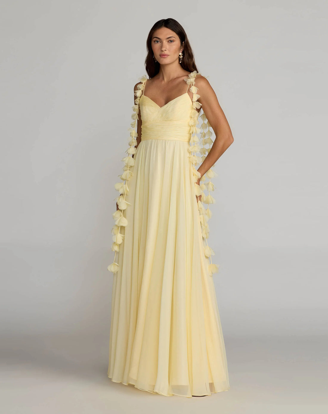 Yellow Chiffon A Line Gown With 3D Flower Straps | Mac Duggal Yellow Chiffon A Line Gown With 3D Flower Straps | Mac Duggal
