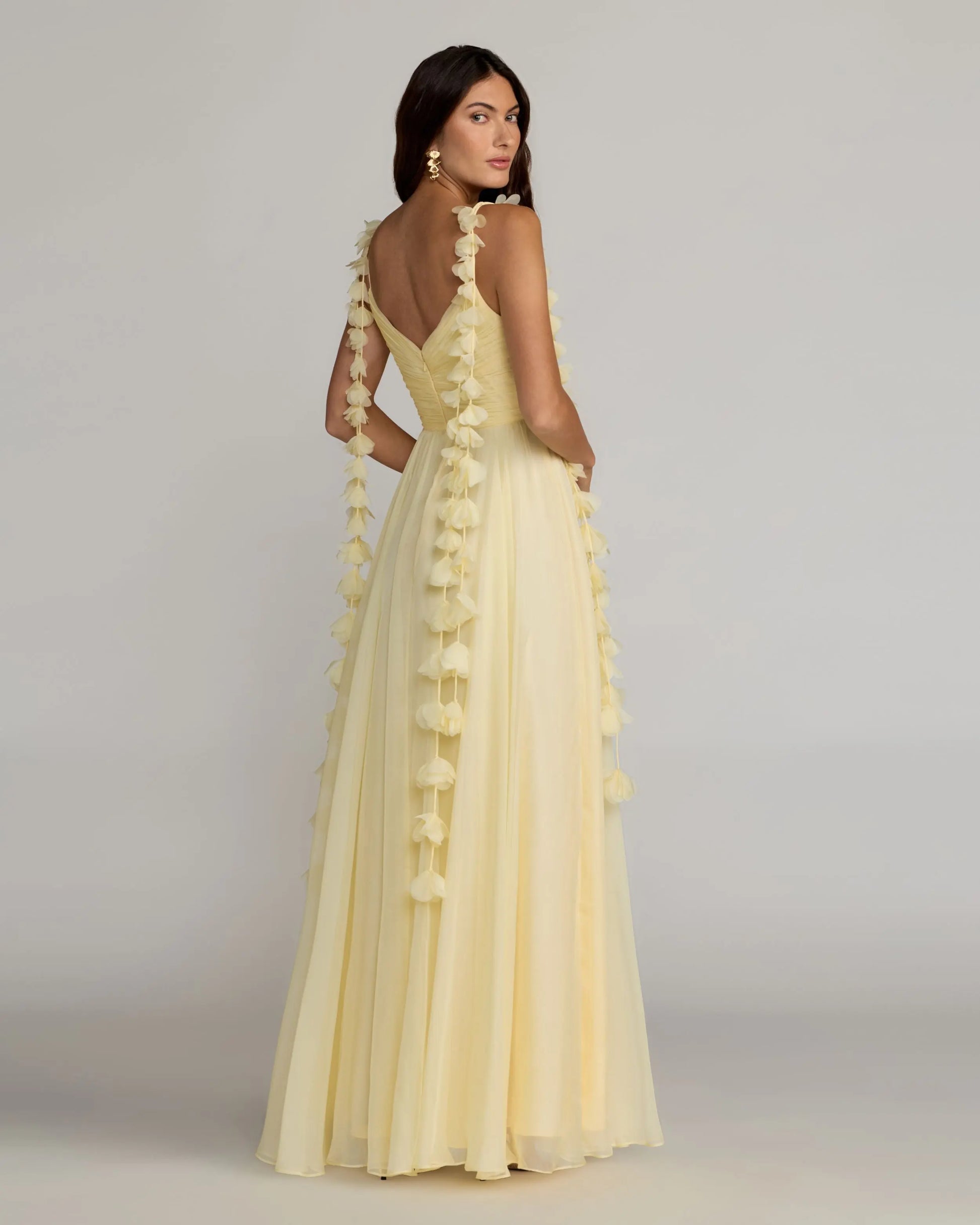 Yellow Chiffon A Line Gown With 3D Flower Straps Ieena for Mac Duggal