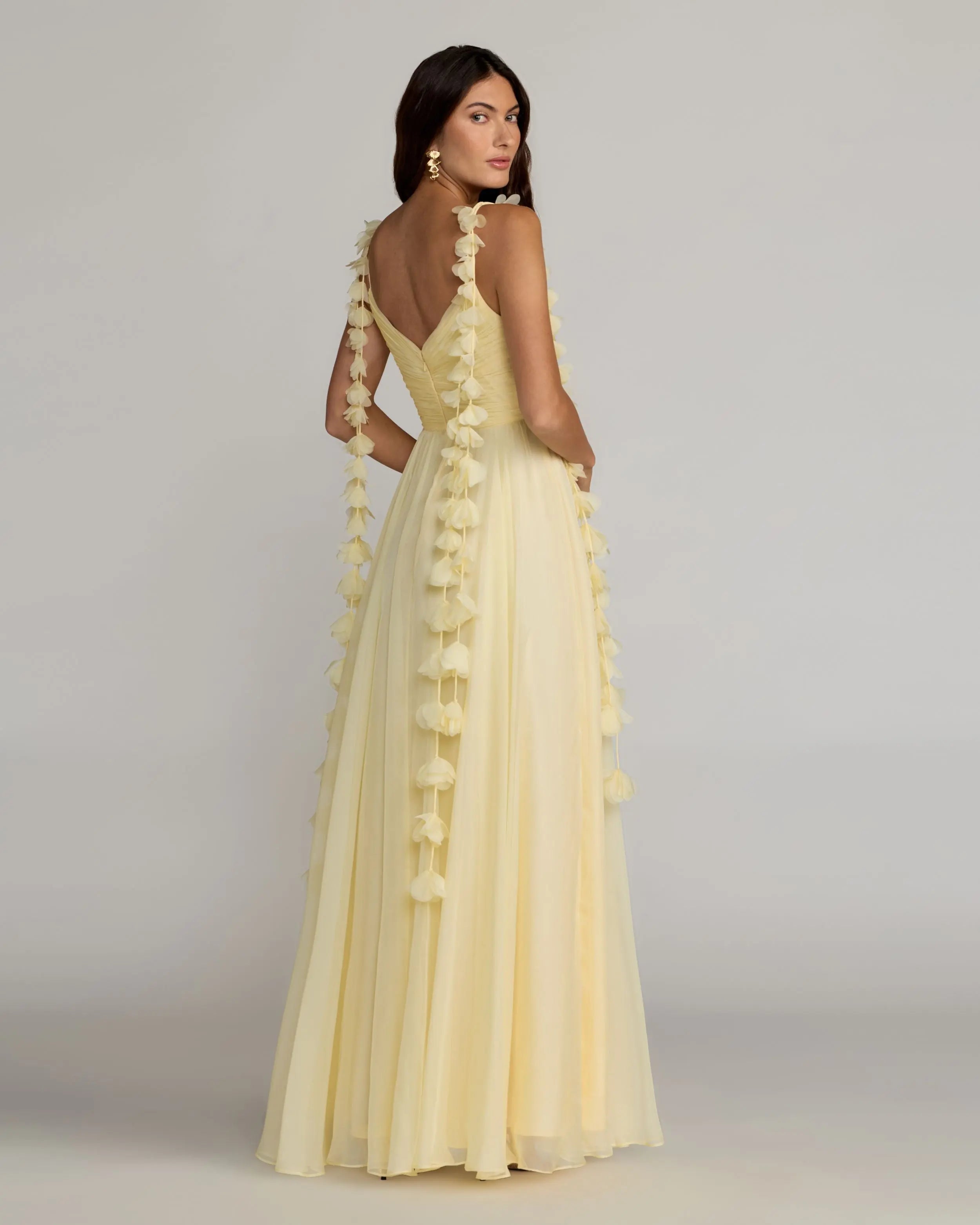 Yellow Chiffon A Line Gown With 3D Flower Straps Ieena for Mac Duggal