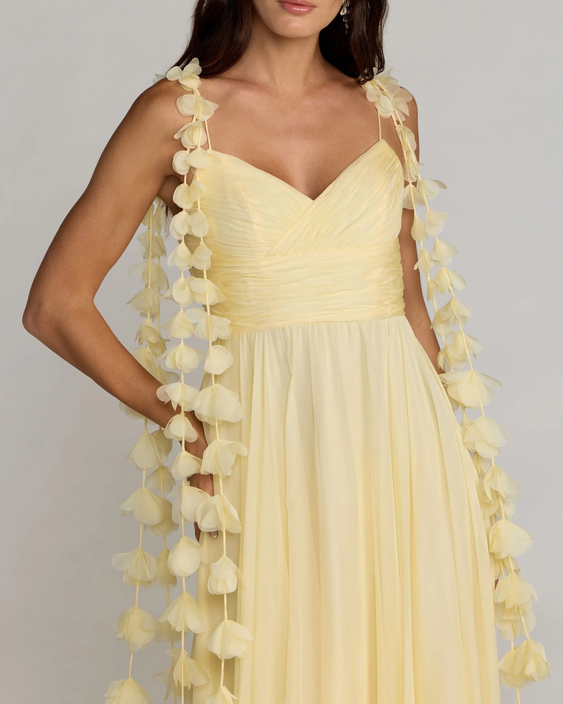 Yellow Chiffon A Line Gown With 3D Flower Straps | Mac Duggal Yellow Chiffon A Line Gown With 3D Flower Straps | Mac Duggal