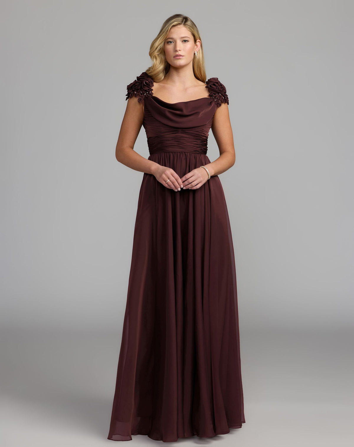 Burgundy Chiffon Cowl Neck Embellished Cap Sleeve Gown - Mac Duggal