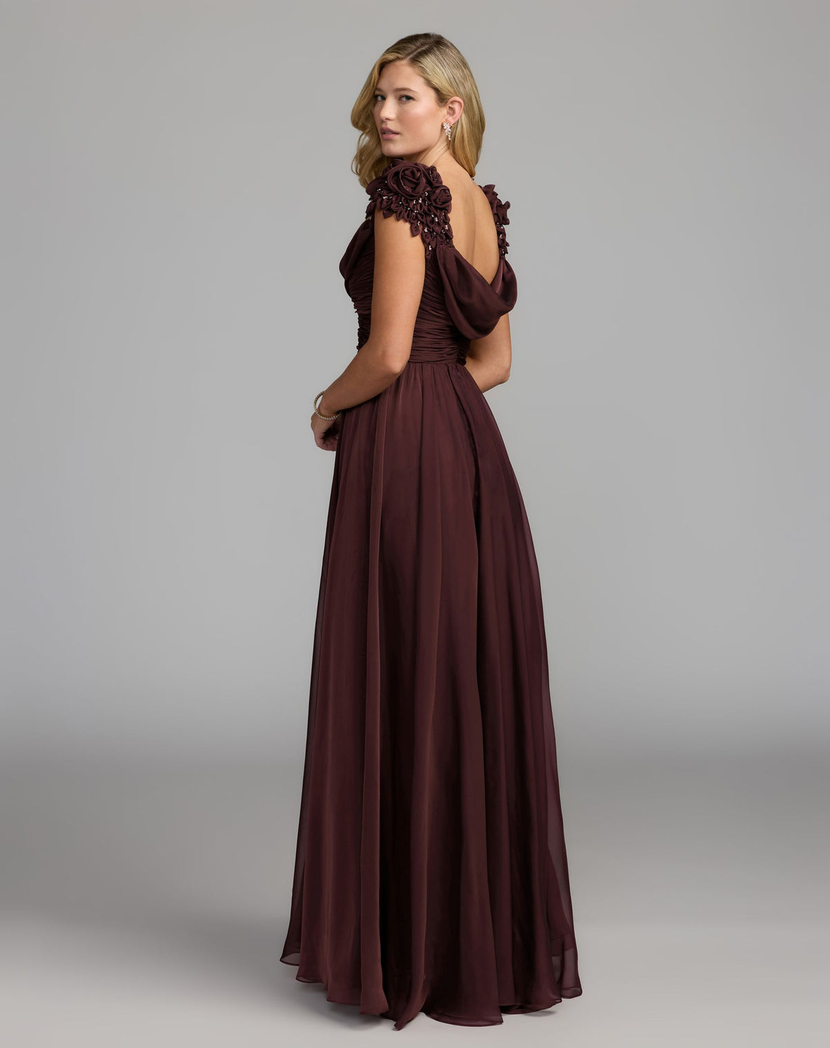 Burgundy Chiffon Cowl Neck Embellished Cap Sleeve Gown - Mac Duggal