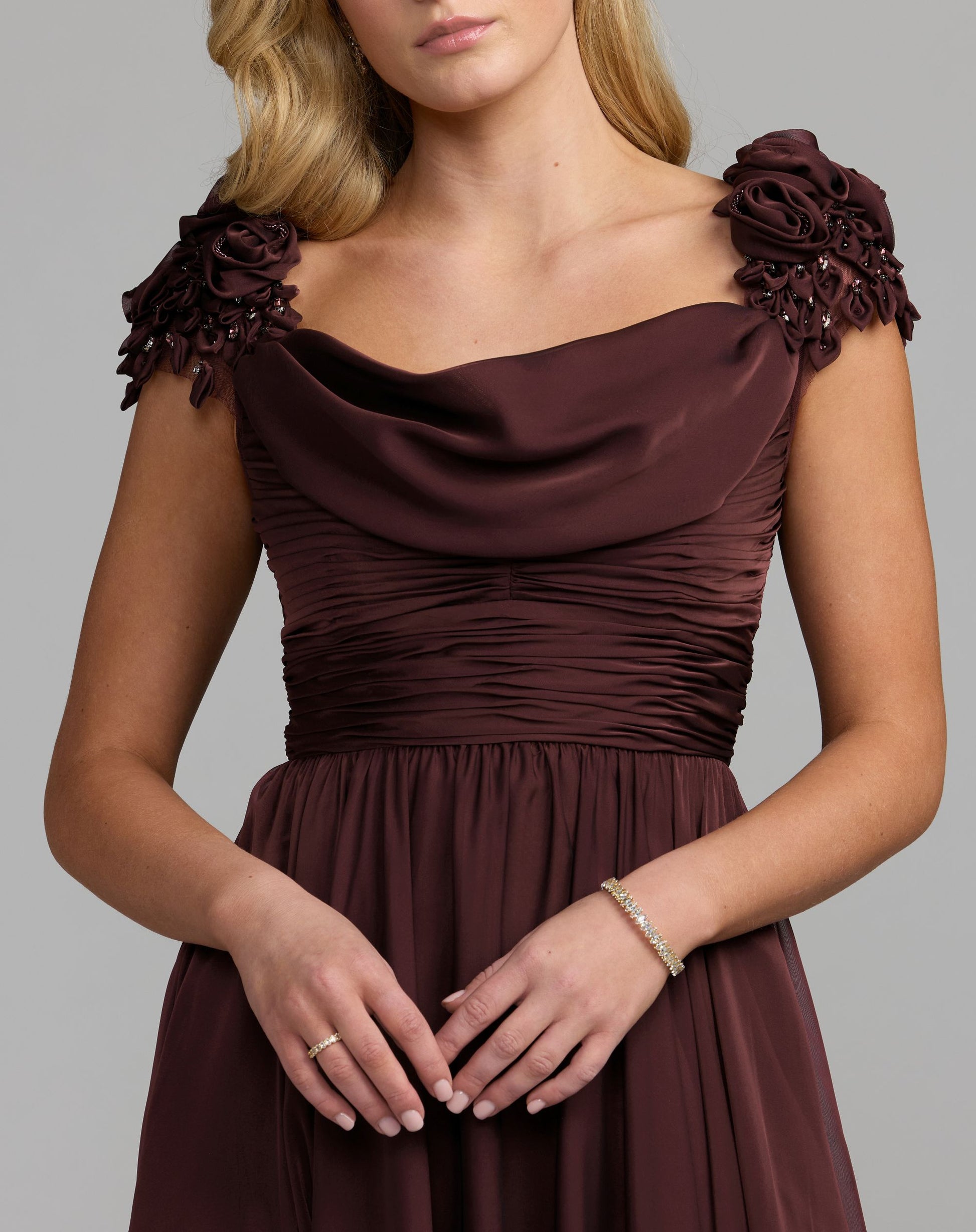 Burgundy Chiffon Cowl Neck Embellished Cap Sleeve Gown - Mac Duggal