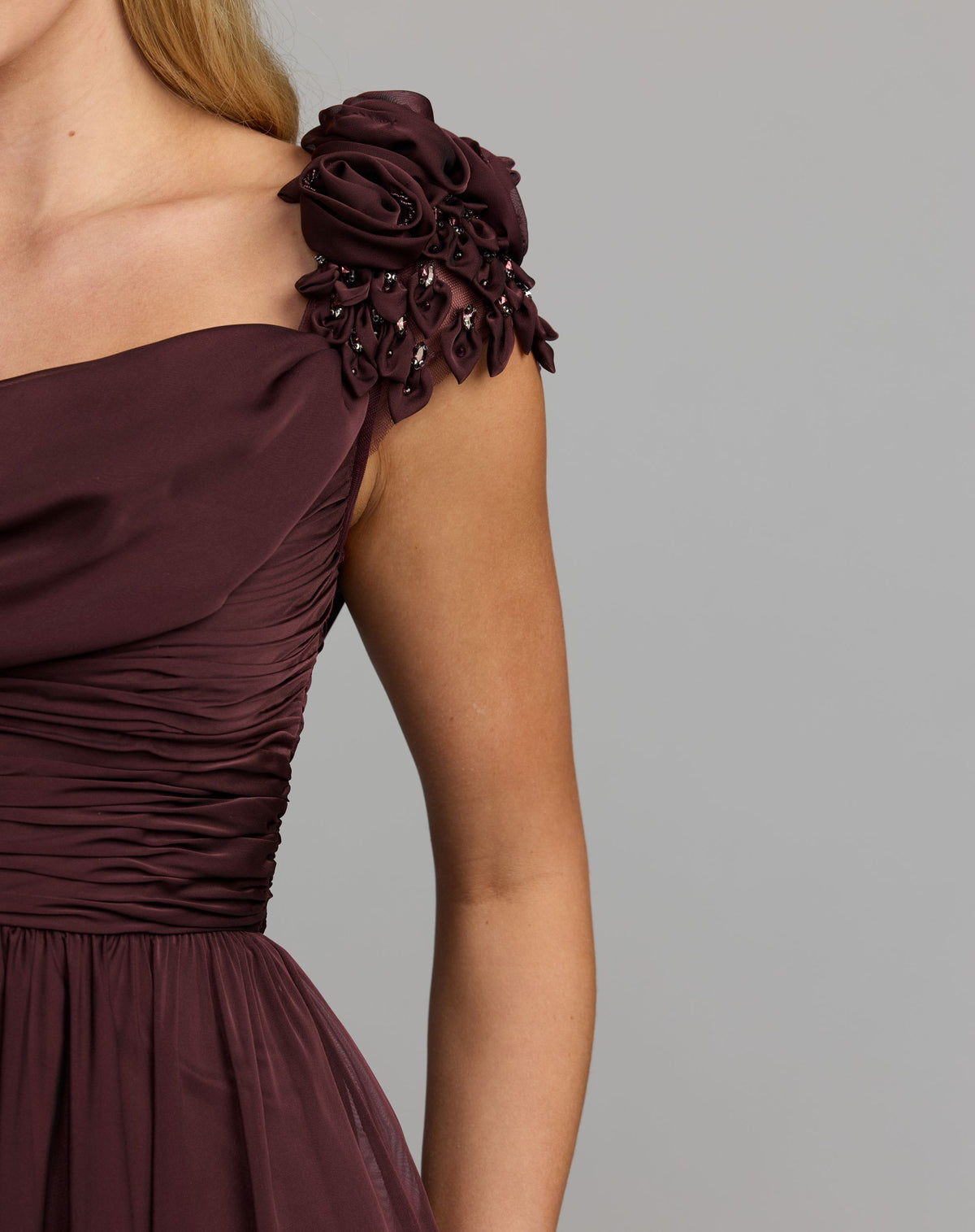 Burgundy Chiffon Cowl Neck Embellished Cap Sleeve Gown - Mac Duggal