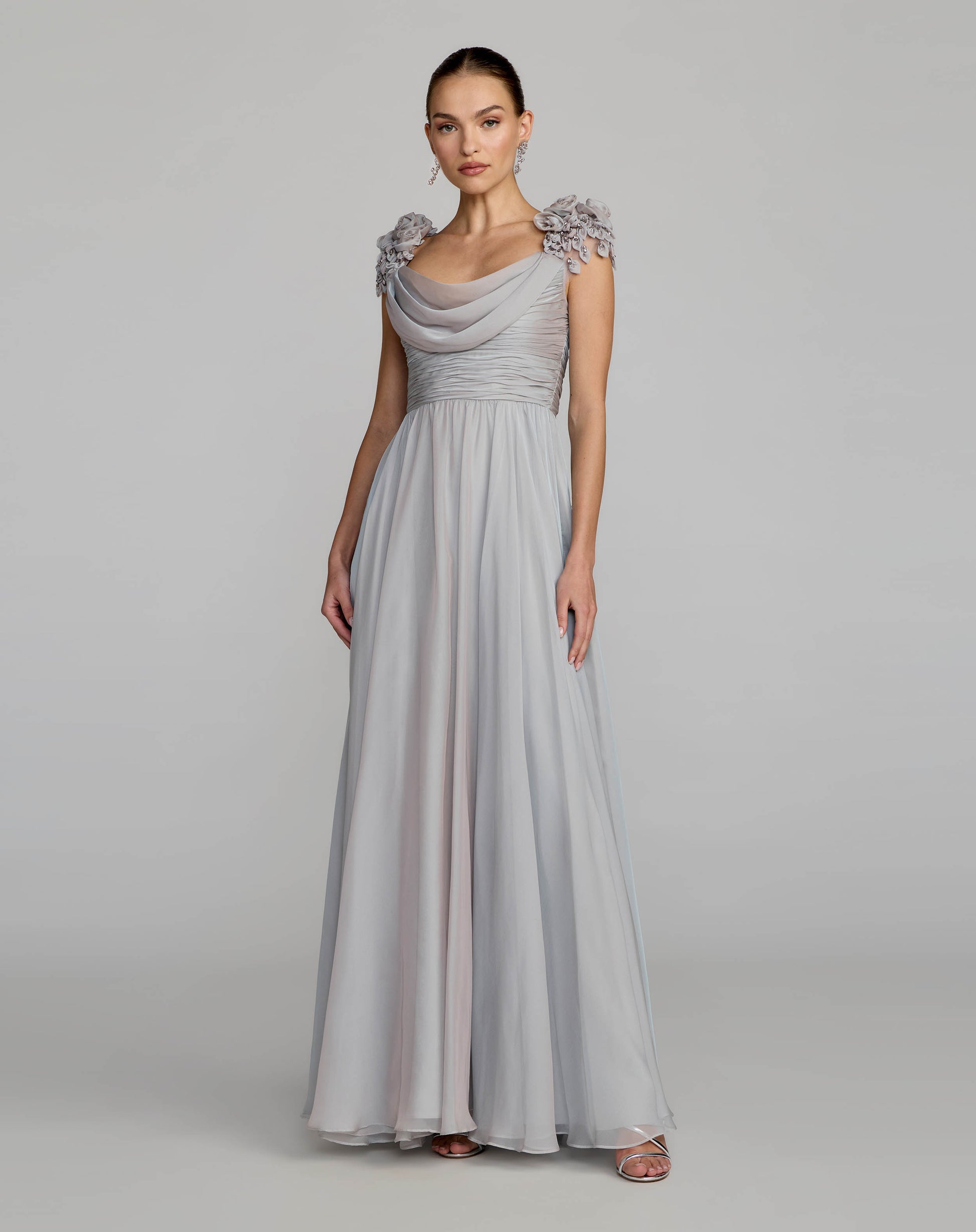 Gray Chiffon Cowl Neck Embellished Cap Sleeve Gown - Mac Duggal