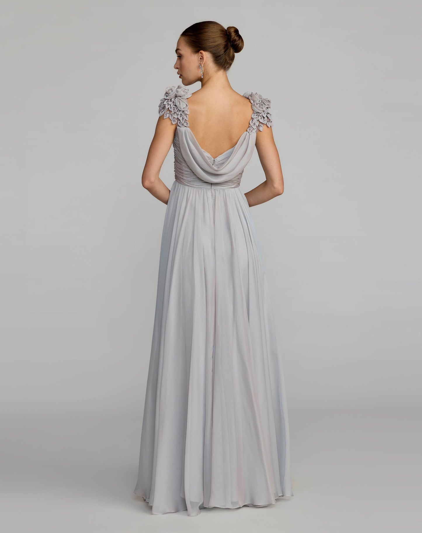Gray Chiffon Cowl Neck Embellished Cap Sleeve Gown - Mac Duggal