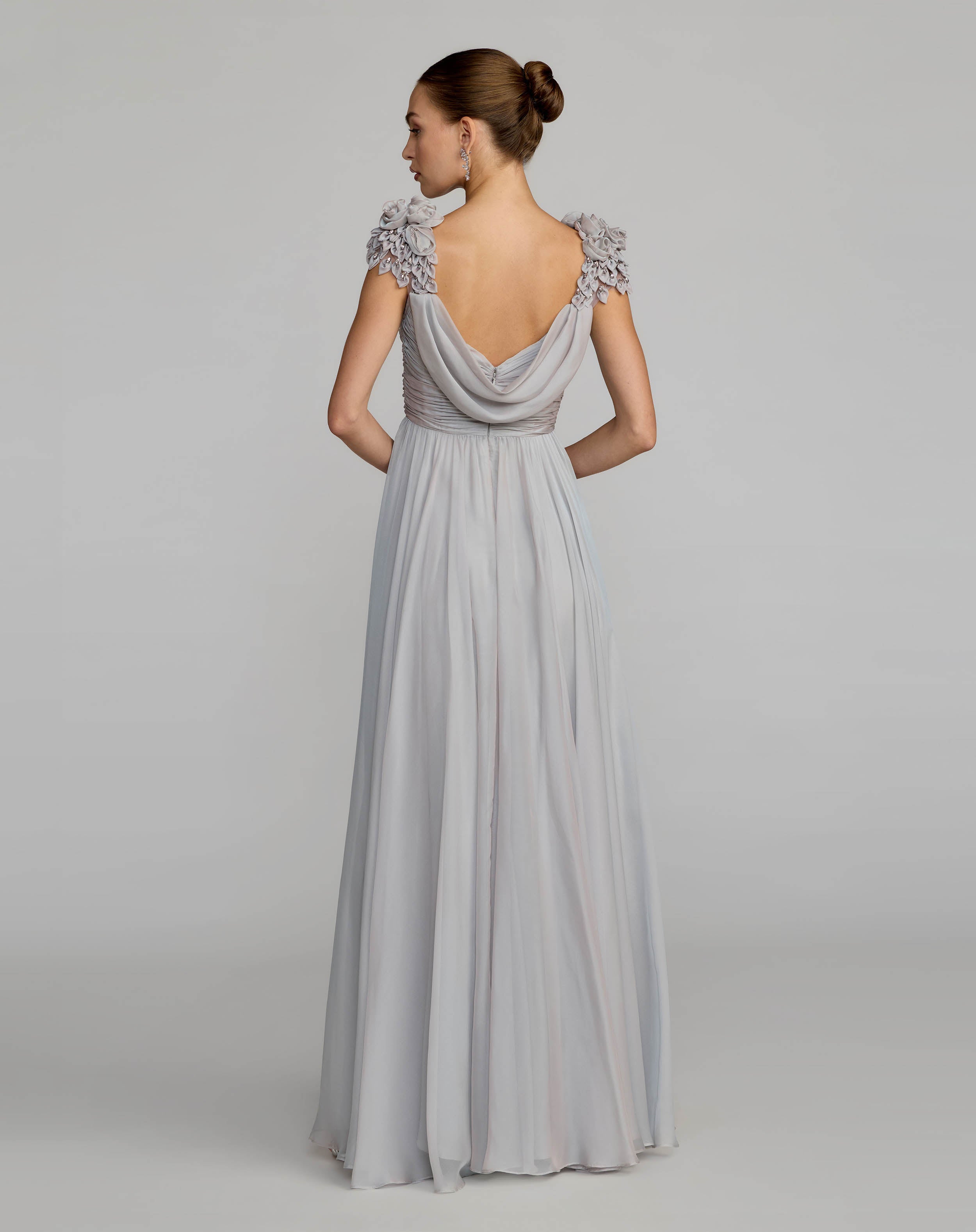Gray Chiffon Cowl Neck Embellished Cap Sleeve Gown - Mac Duggal