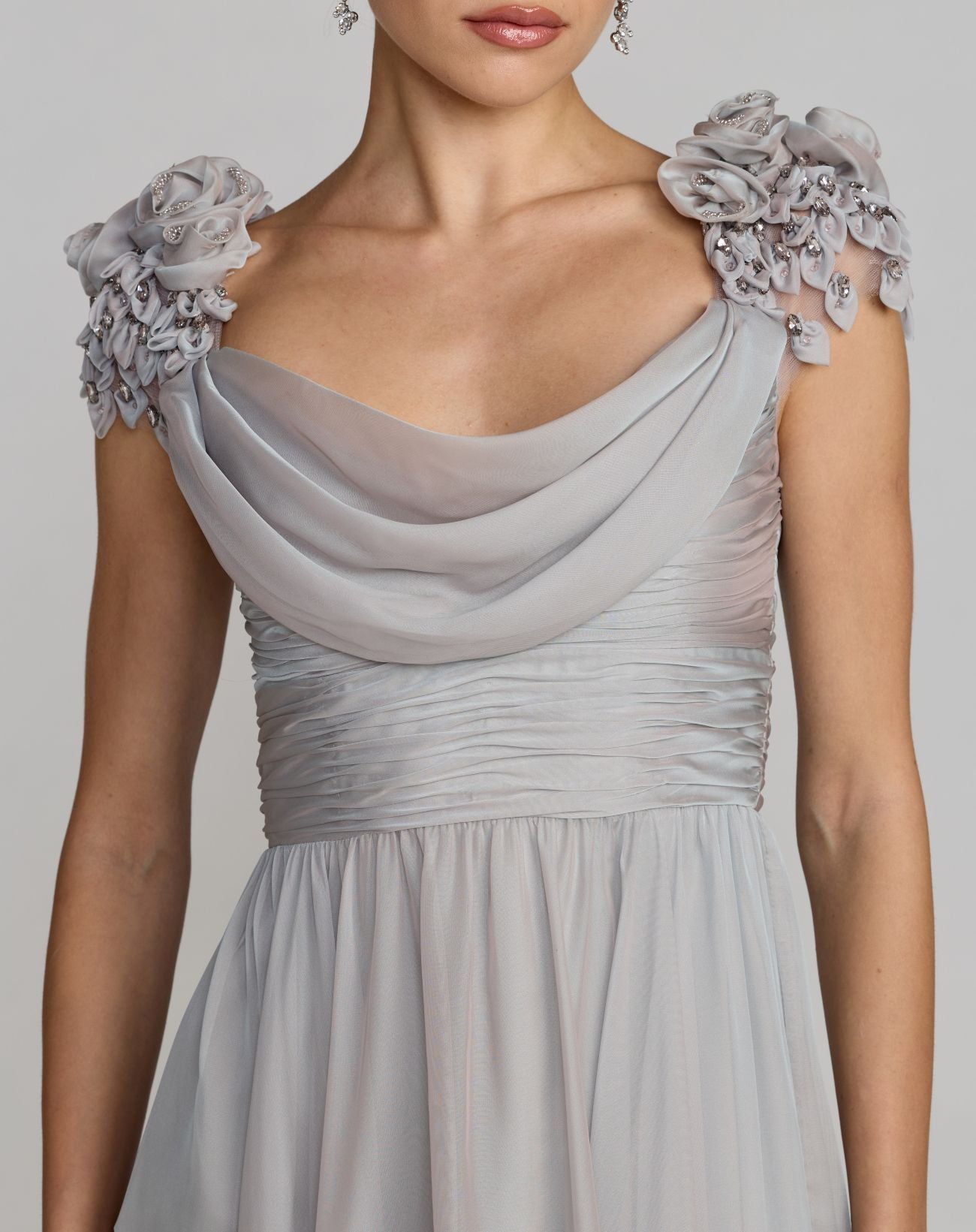 Gray Chiffon Cowl Neck Embellished Cap Sleeve Gown - Mac Duggal